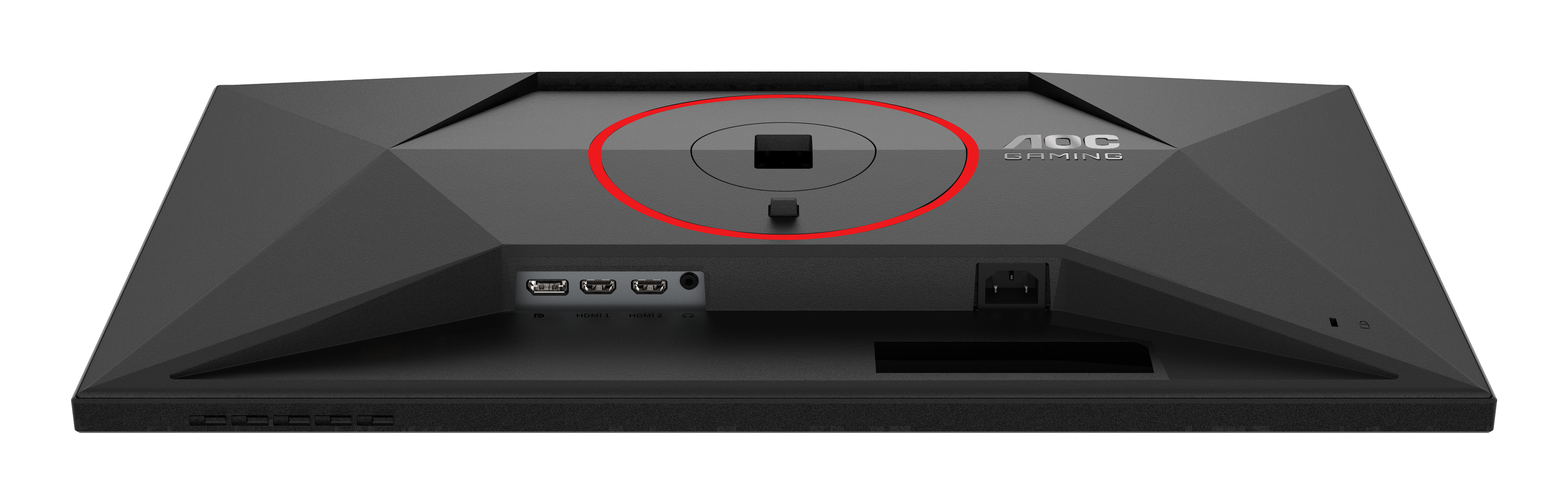 Die Rückseite eines schwarzen AOC-Gaming-Monitors. Er hat einen roten Kreis um eine Steuertaste, Anschlüsse und das AOC Gaming-Logo.
