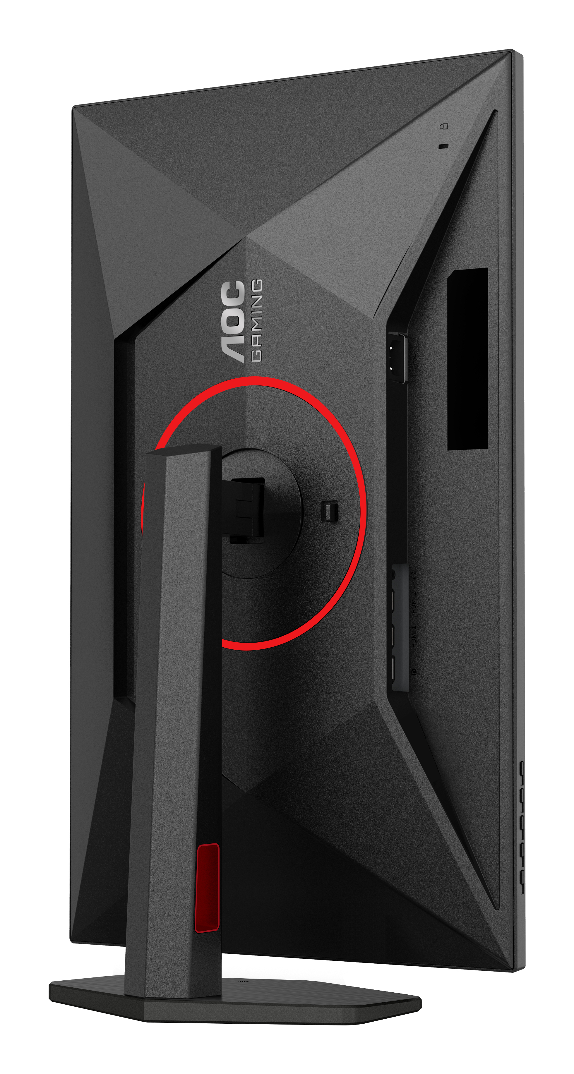 Schwarzer Gaming-Monitor-Rücken. Hat rote Akzente, Anschlüsse und einen Ständer. AOC Gaming-Logo sichtbar.