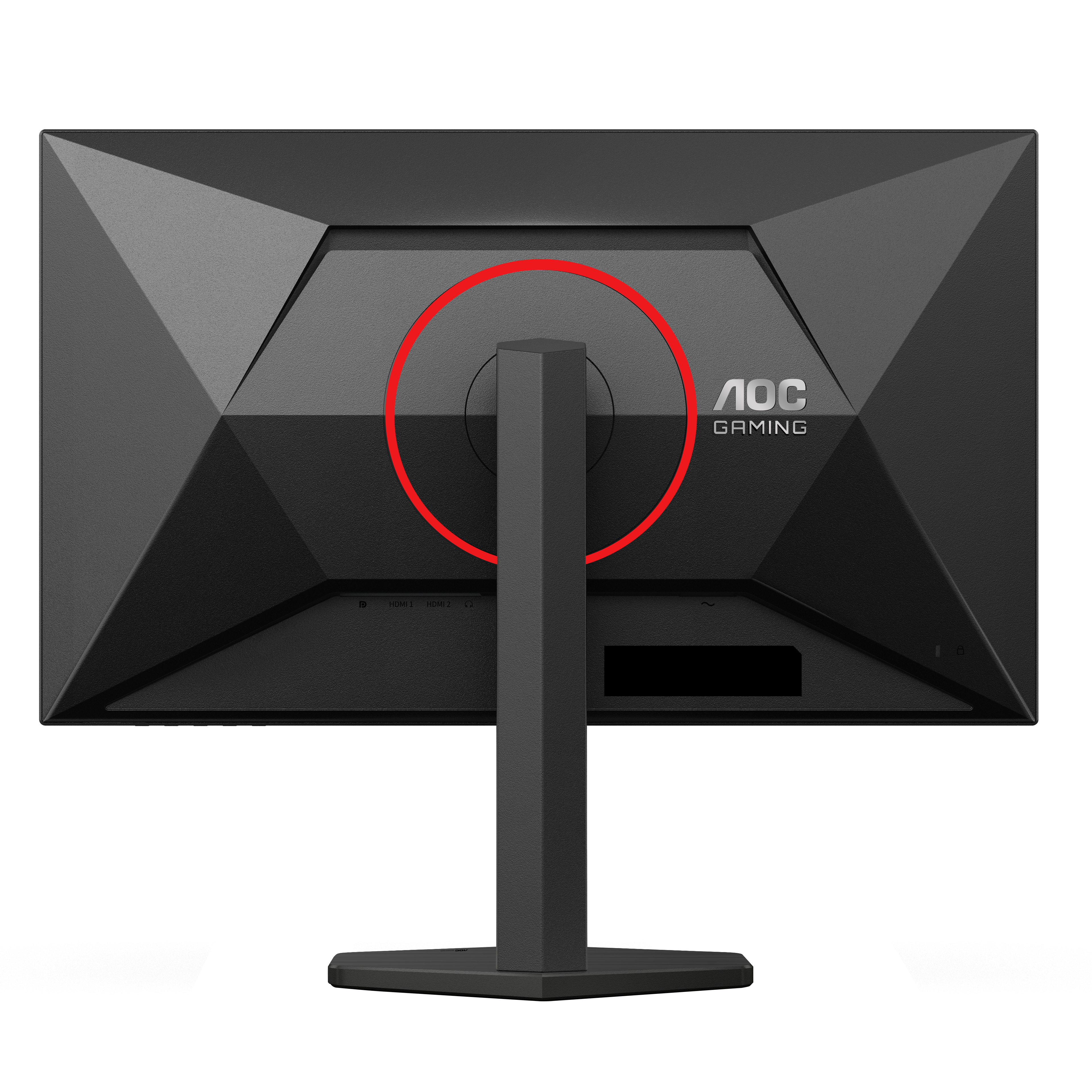 Rückseite eines schwarzen AOC-Gaming-Monitors. Er hat einen Ständer, Anschlüsse und das AOC Gaming-Logo.