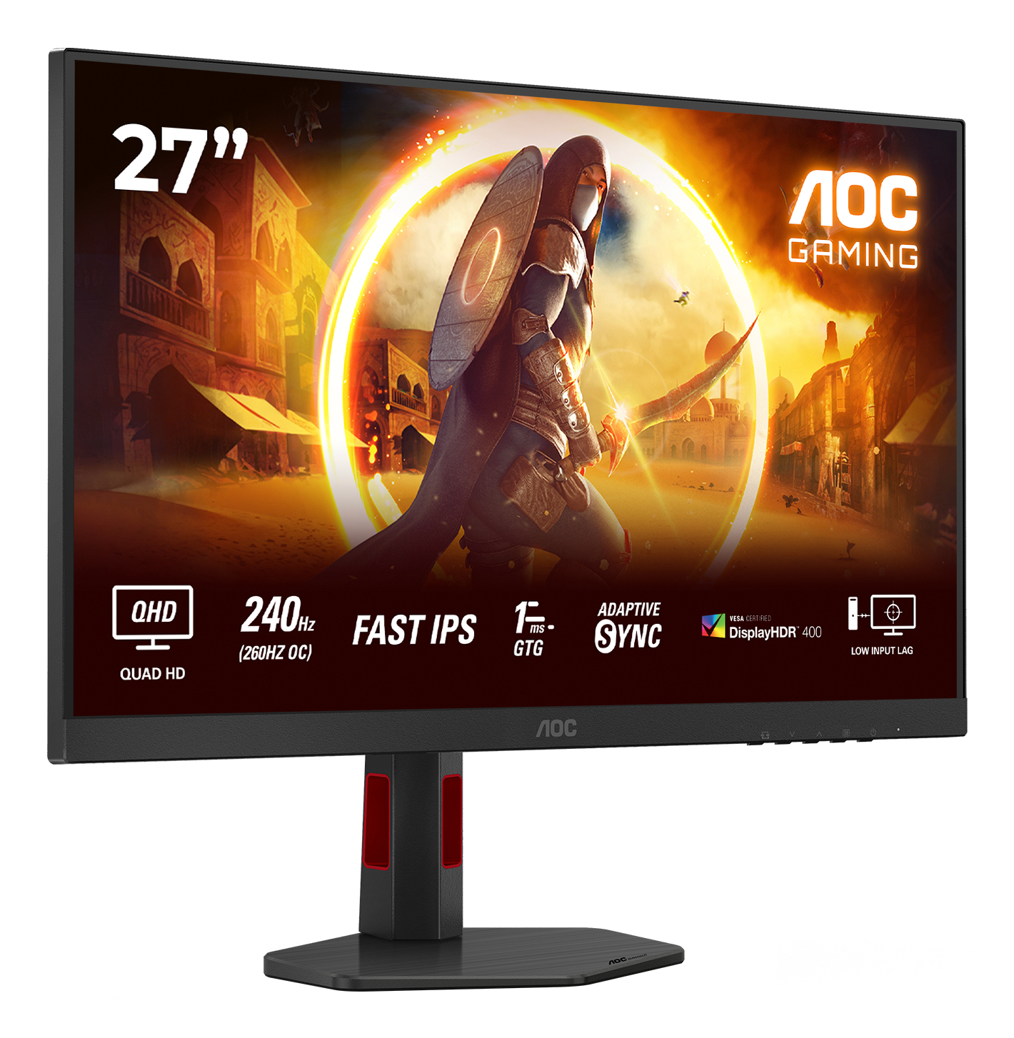 AOC-Gaming-Monitor. Ein Krieger mit Schild und Schwert steht vor einer Stadtlandschaft. Bildschirm zeigt Details wie QHD, 240 Hz und Adaptive Sync.