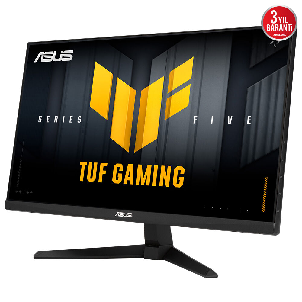 ASUS TUF Gaming monitör. Siyah çerçeve, sarı logo. Metin: SERIES, FIVE, TUF GAMING. Garanti rozeti. Siyah stand.