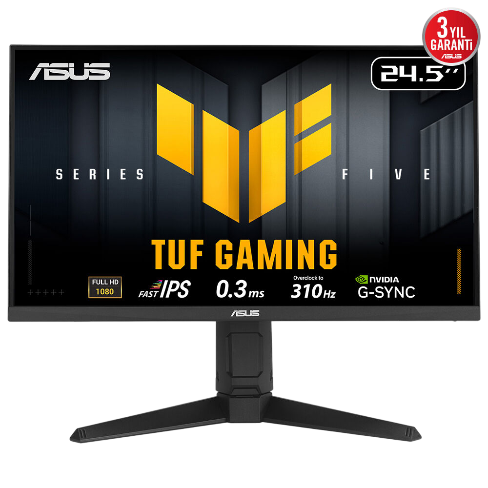 ASUS TUF Gaming monitör. Siyah çerçeve, sarı logo. Özellikler: Full HD, 0,3 ms, 310 Hz ve NVIDIA G-SYNC. 24,5 inç.