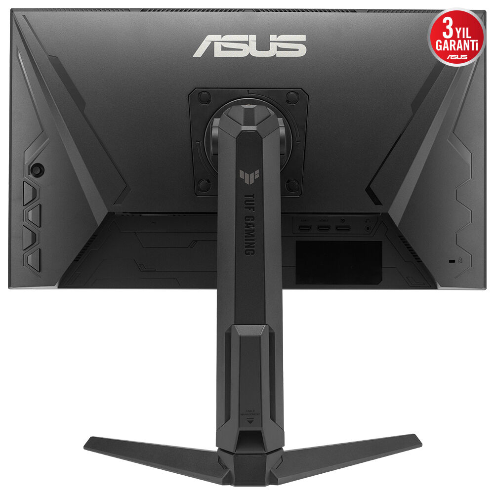 Siyah ASUS monitör arkası. Bir stand, TUF GAMING logosu ve 3 yıl garanti etiketi içerir. Altta bağlantı noktaları.
