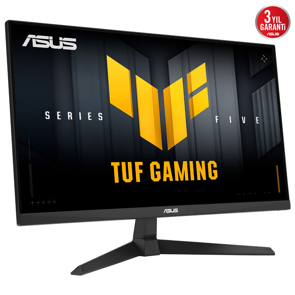 ASUS TUF Gaming monitörü. Sarı logo ve metinli siyah ekran. Siyah standı ve 3 yıl garanti etiketi var.