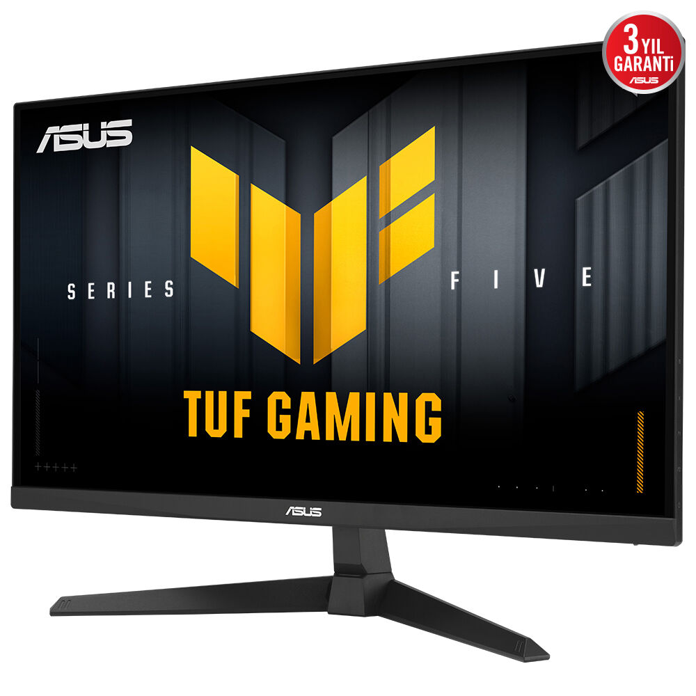 Siyah ASUS TUF Gaming monitör. Ekranda sarı logo ve metin. Sağ üst köşede 3 yıl garanti etiketi.