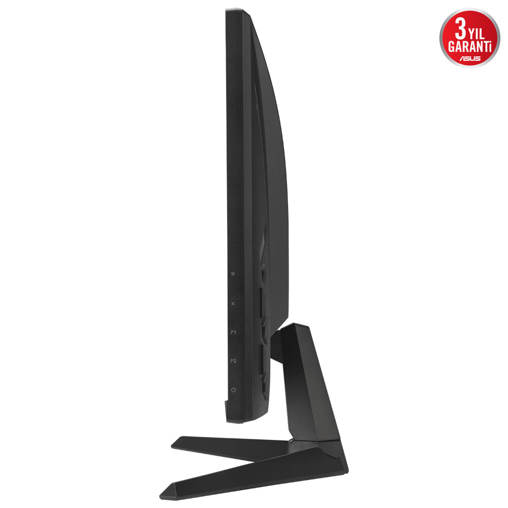 Beyaz zemin üzerinde siyah bir bilgisayar monitörünün yan görünümü. Bir standı ve '3 YIL GARANTI ASUS' etiketi var.