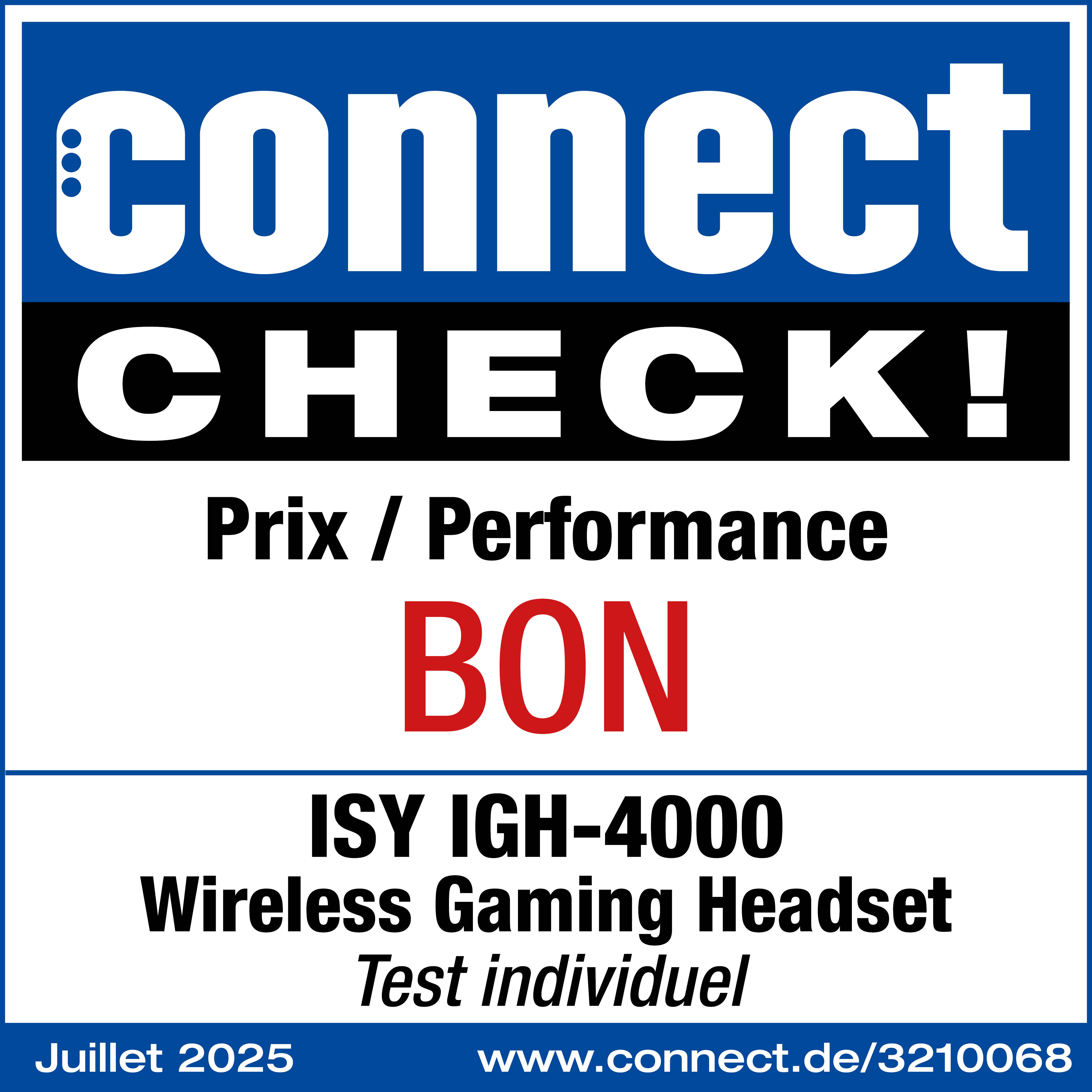 Graphique bleu et blanc avec texte: connect CHECK!, Prix/Performance, BON, ISY IGH-4000 Wireless Gaming Headset.