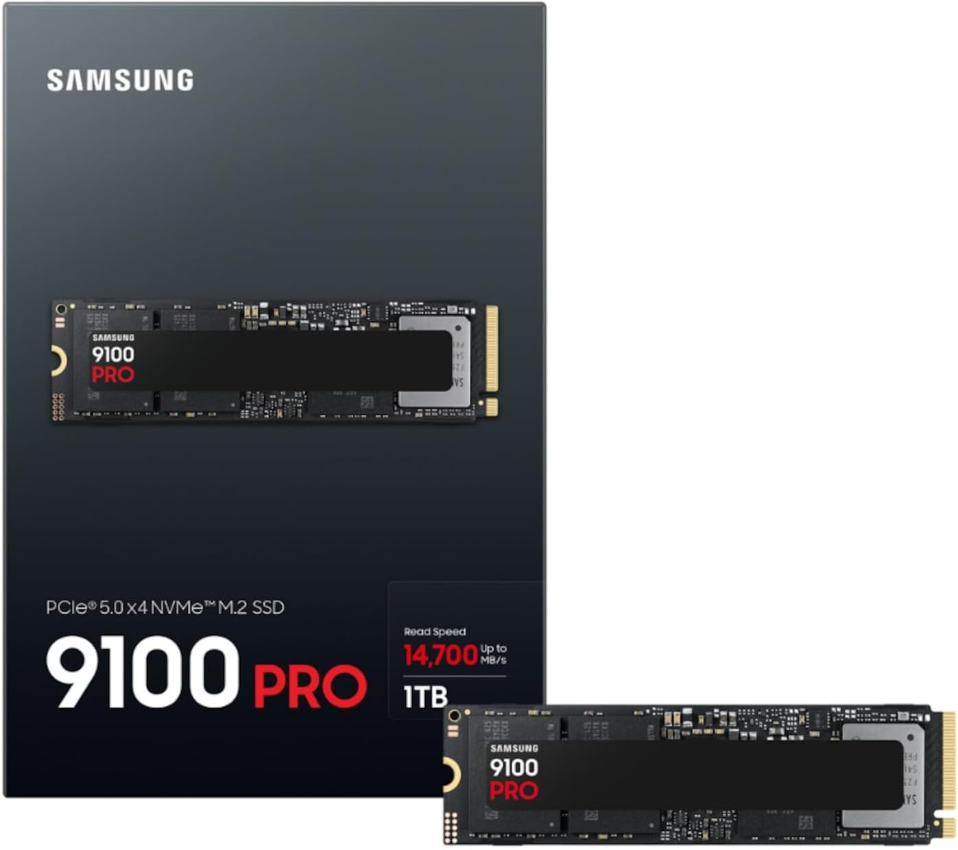 Görüntü, ambalajlı bir Samsung 9100 PRO SSD'yi gösteriyor. Okuma hızı, kapasite ve PCIe 5.0 NVMe M.2 SSD teknolojisini vurgular.