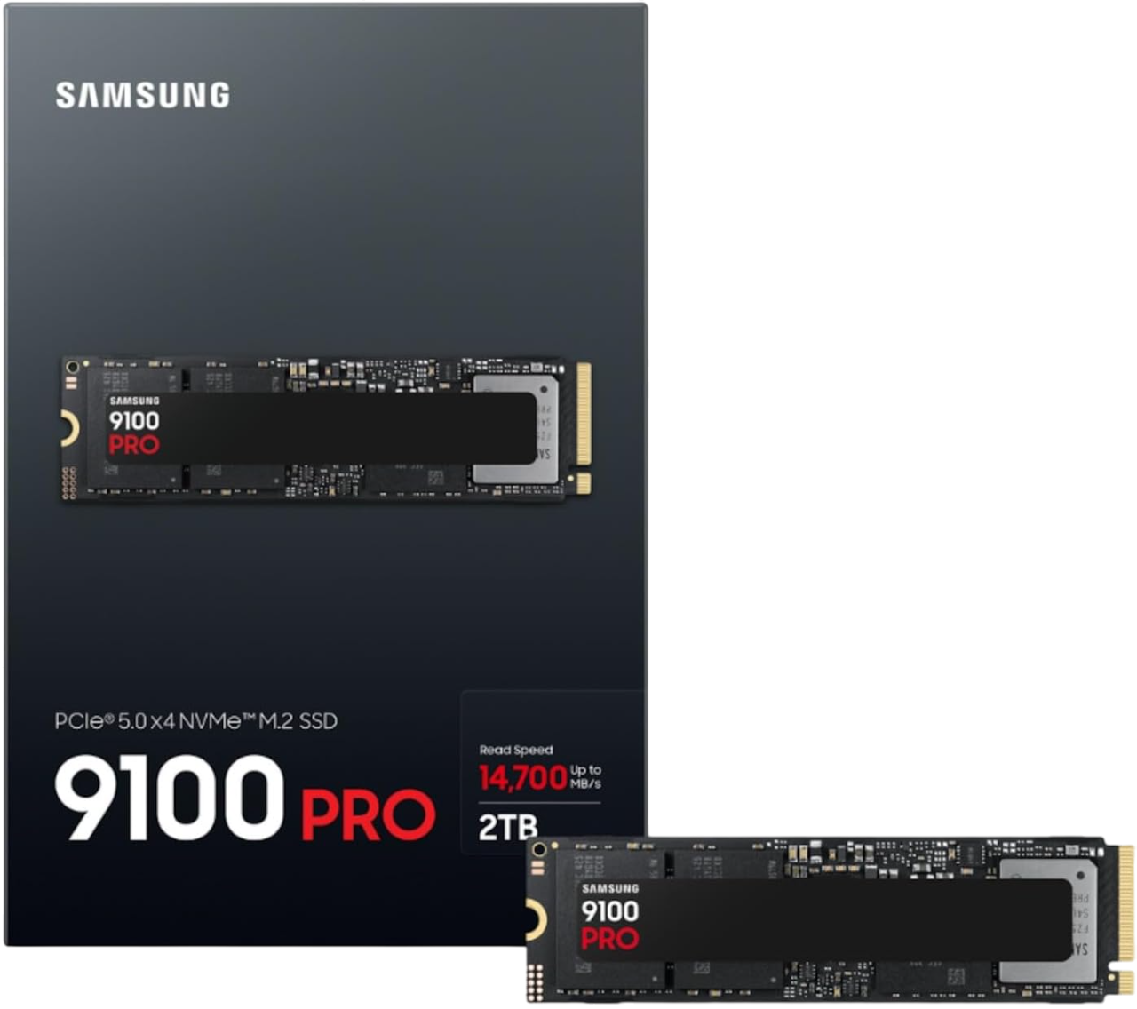 Görüntü, ambalajı ve küçük bir versiyonu ile bir Samsung 9100 Pro SSD'si gösteriyor. Okuma hızı ve depolama kapasitesi gibi özellikleri içerir.