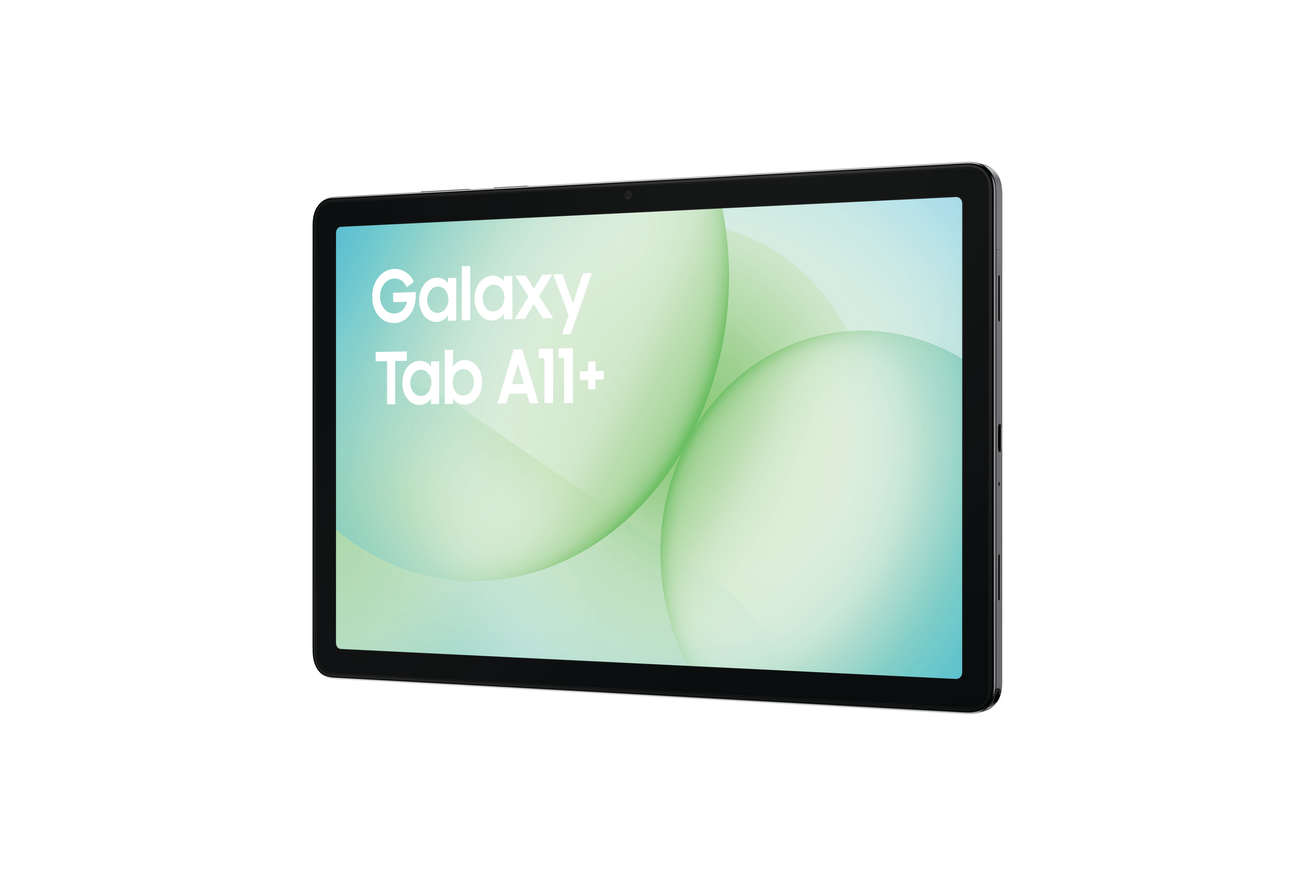 Ein schwarzes Tablet mit der Aufschrift 'Galaxy Tab A11+'. Grüner und blauer Farbverlauf, weißer Hintergrund.