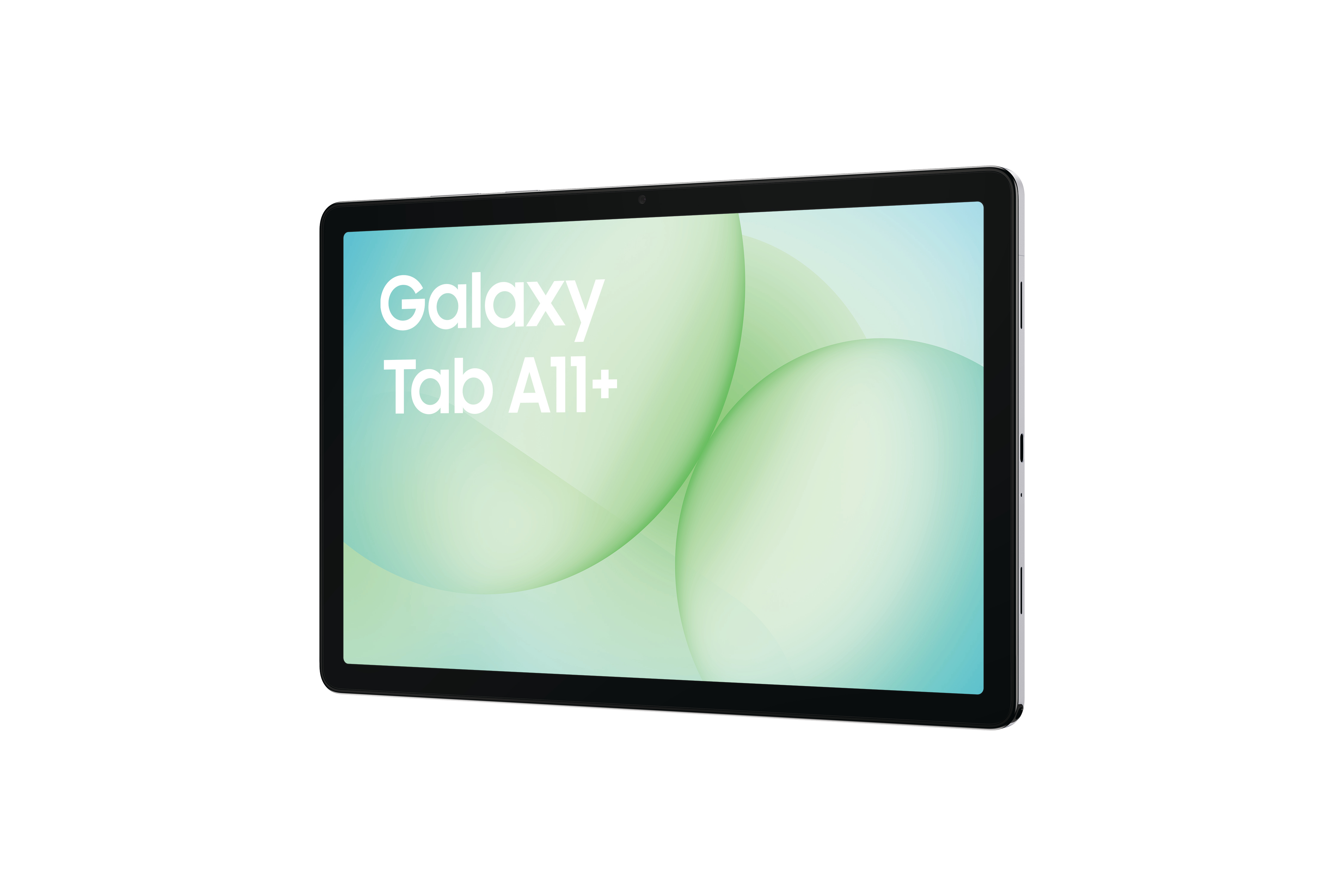 Ein schwarzes Samsung Galaxy Tab A11+ Tablet. Der Bildschirm zeigt 'Galaxy Tab A11+' mit grünen und weißen Blasen auf weißem Hintergrund.