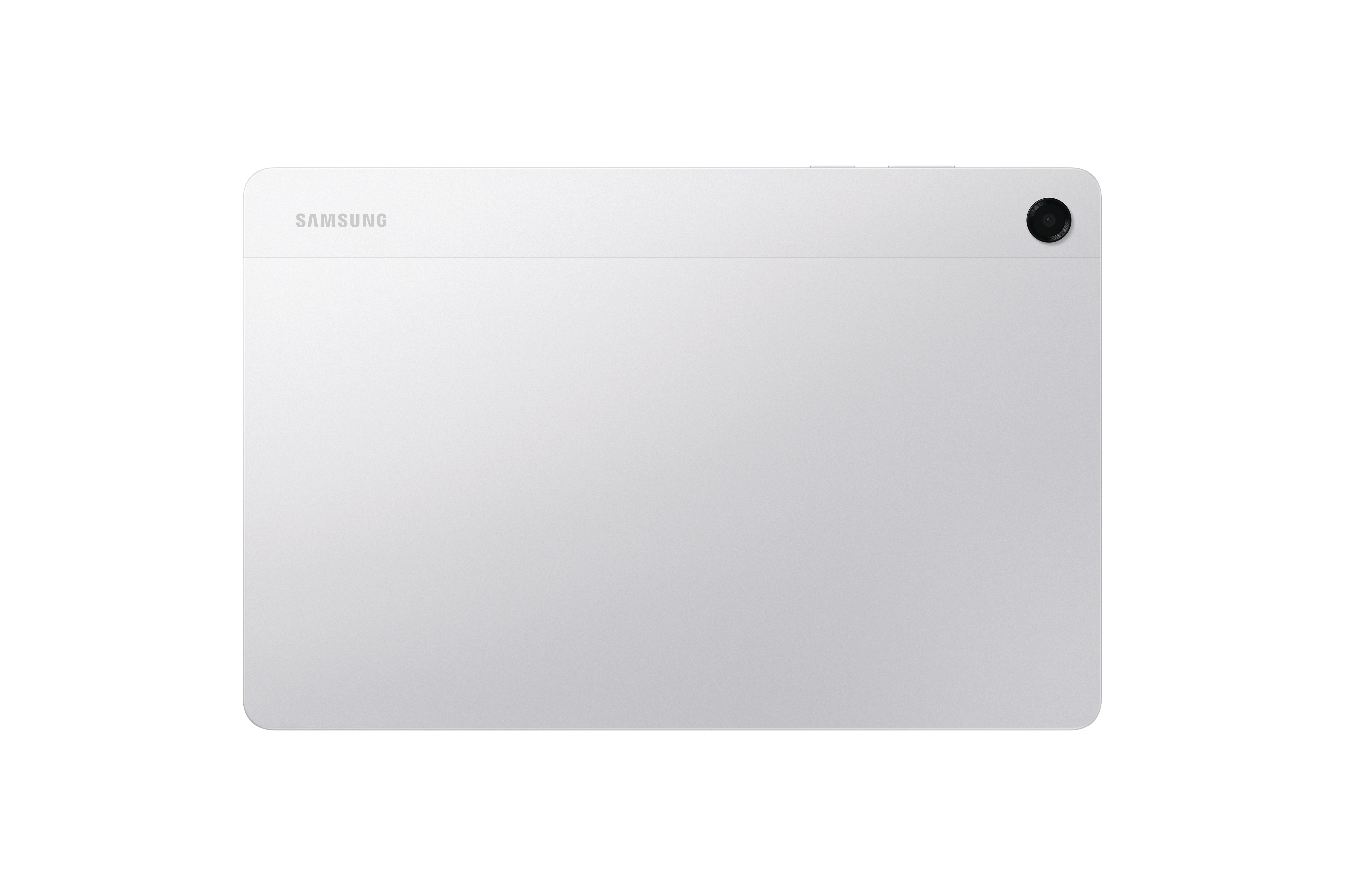 Auf der Rückseite eines weißen Samsung-Tablets ist das Samsung-Logo und eine Kameralinse zu sehen.