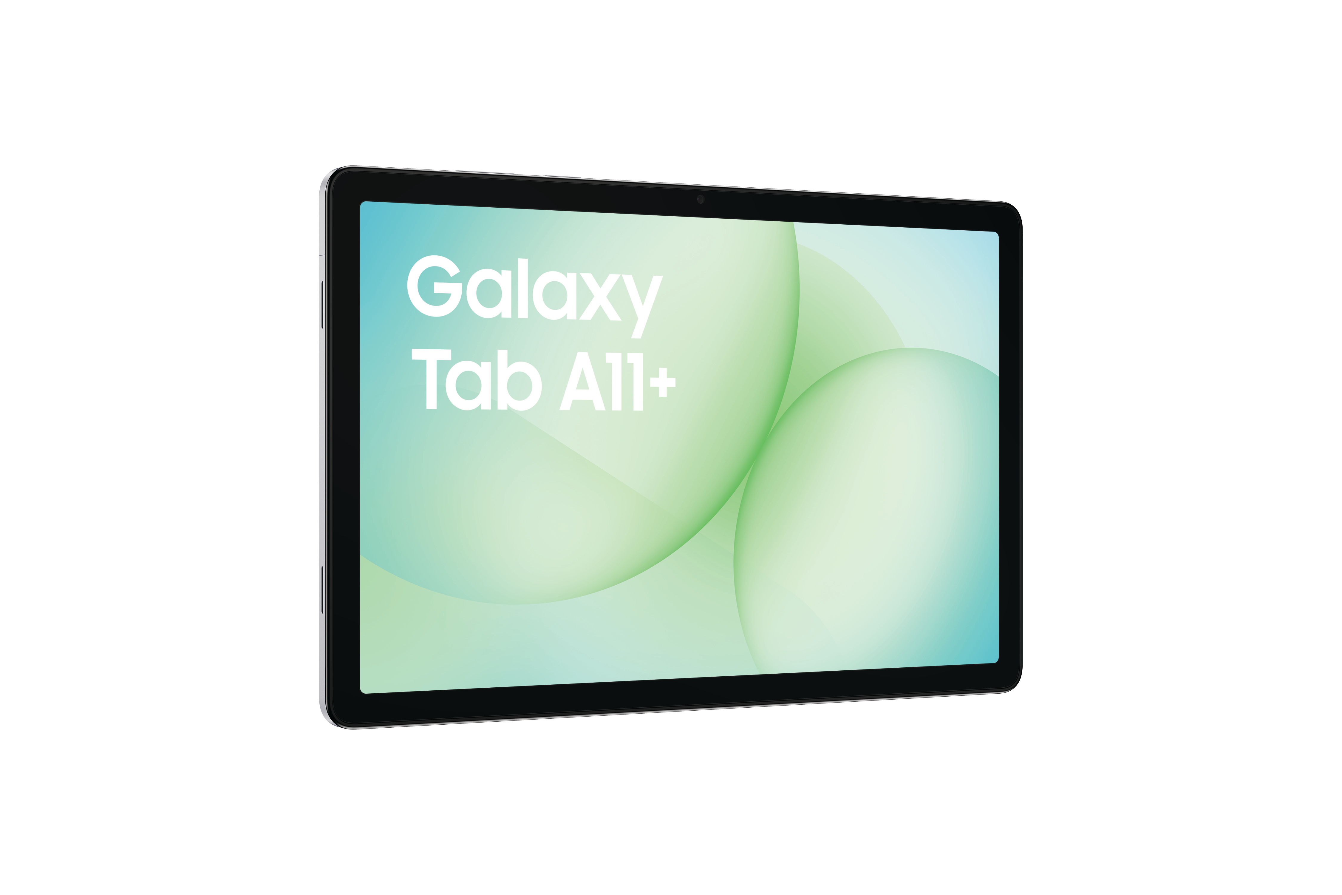 Ein Tablet zeigt 'Galaxy Tab A11+' auf seinem Bildschirm. Der Hintergrund hat grüne und blaue Farbverläufe. Tablet ist auf Weiß.