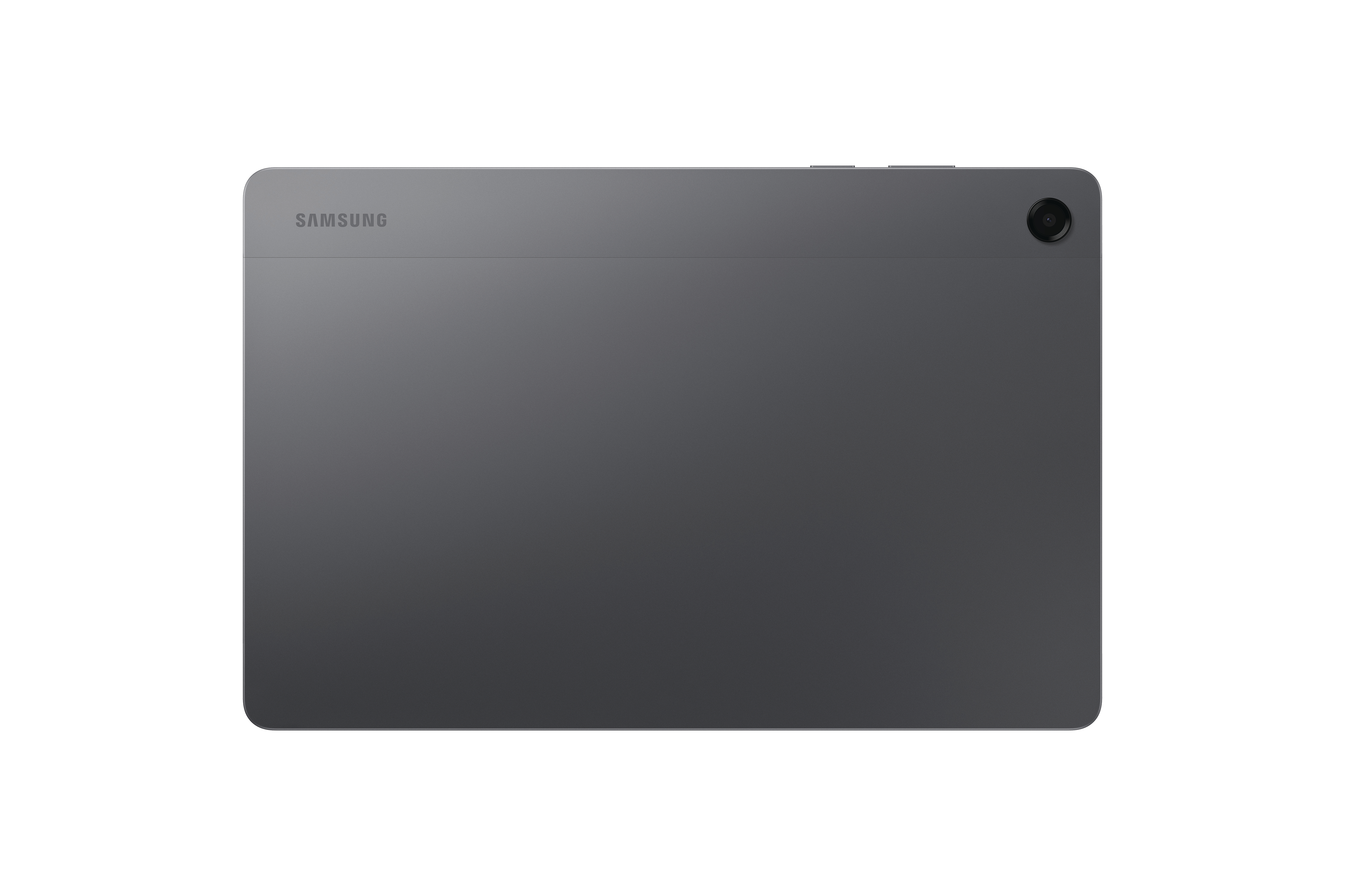 Die Rückseite eines grauen Samsung-Tablets ist abgebildet. Das Samsung-Logo befindet sich oben links, eine Kamera oben rechts.