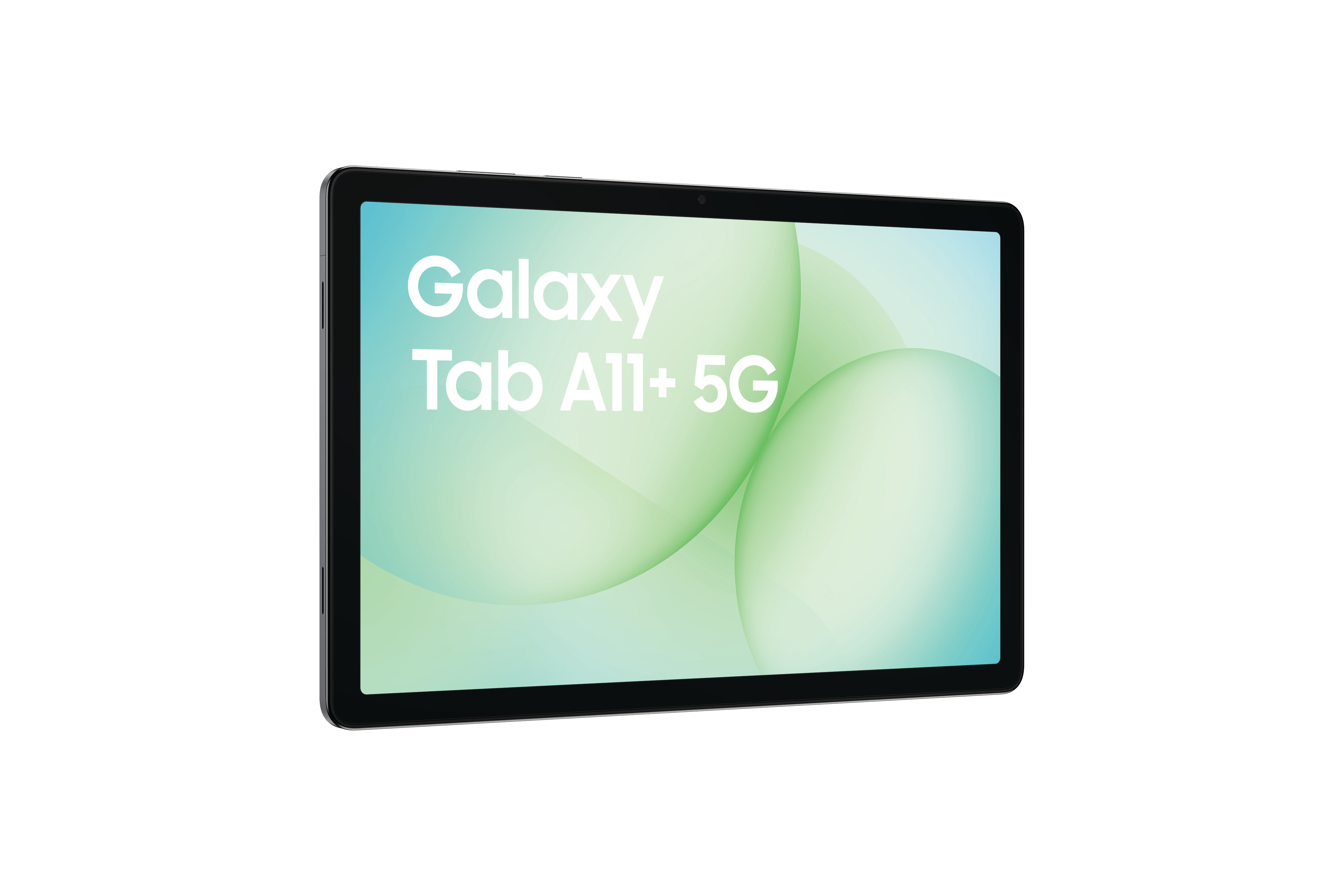 Ein Tablet mit schwarzem Rahmen. Der Bildschirm zeigt 'Galaxy Tab A11+ 5G' auf grün-blauem Hintergrund.