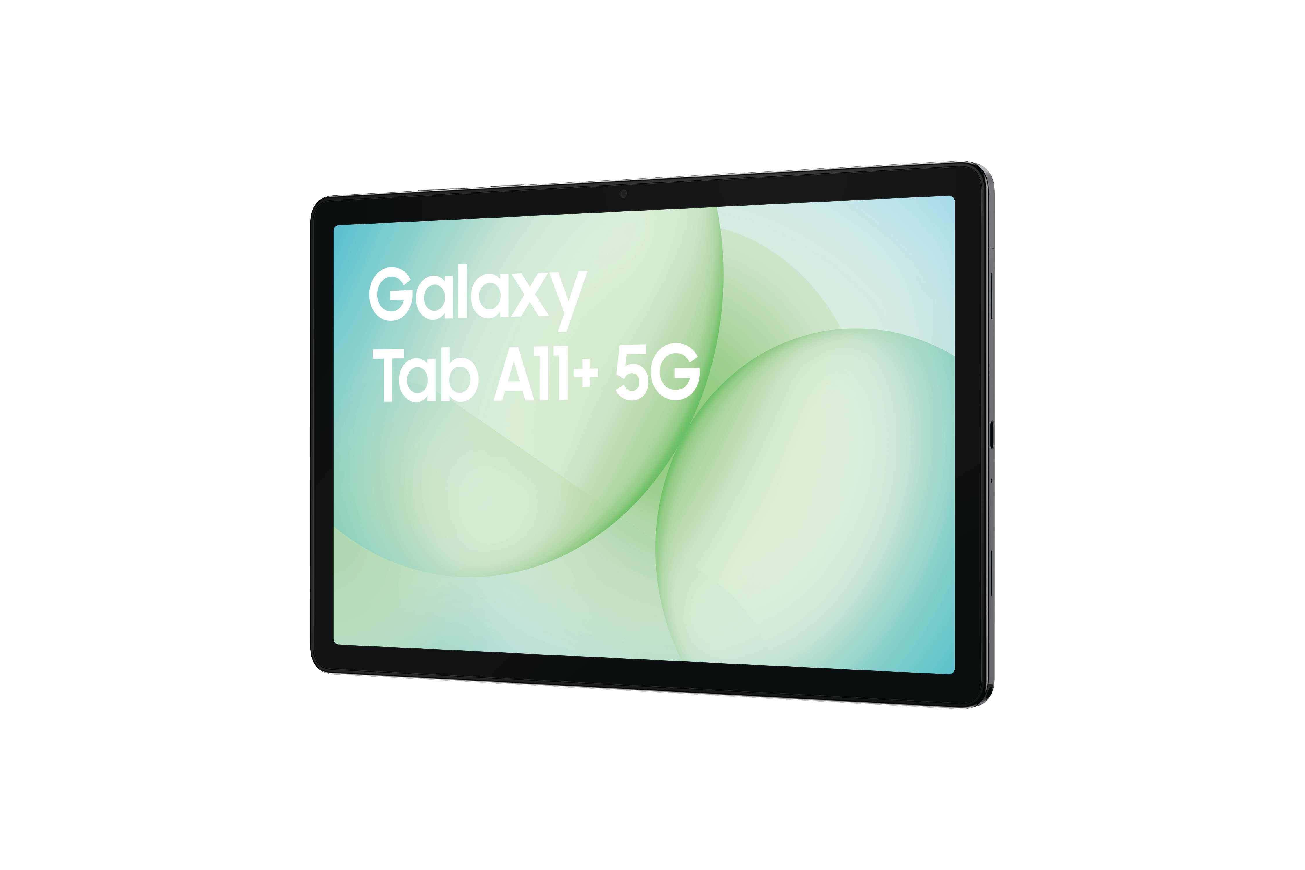 Ein schwarzes Tablet zeigt die Worte „Galaxy Tab A11+ 5G“ auf einem grün-blauen Hintergrund vor weißem Hintergrund.