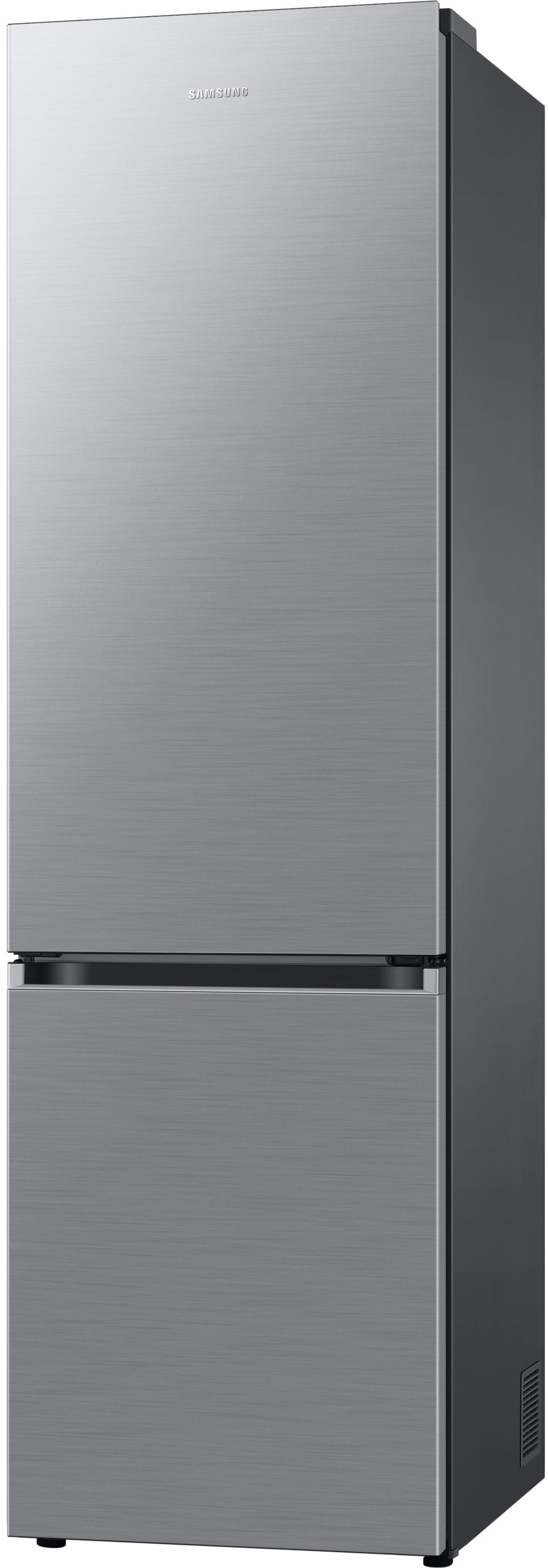 Ein Edelstahl-Samsung-Kühlschrank. Der Kühlschrank hat einen oberen und einen unteren Teil, die durch eine Linie getrennt sind.