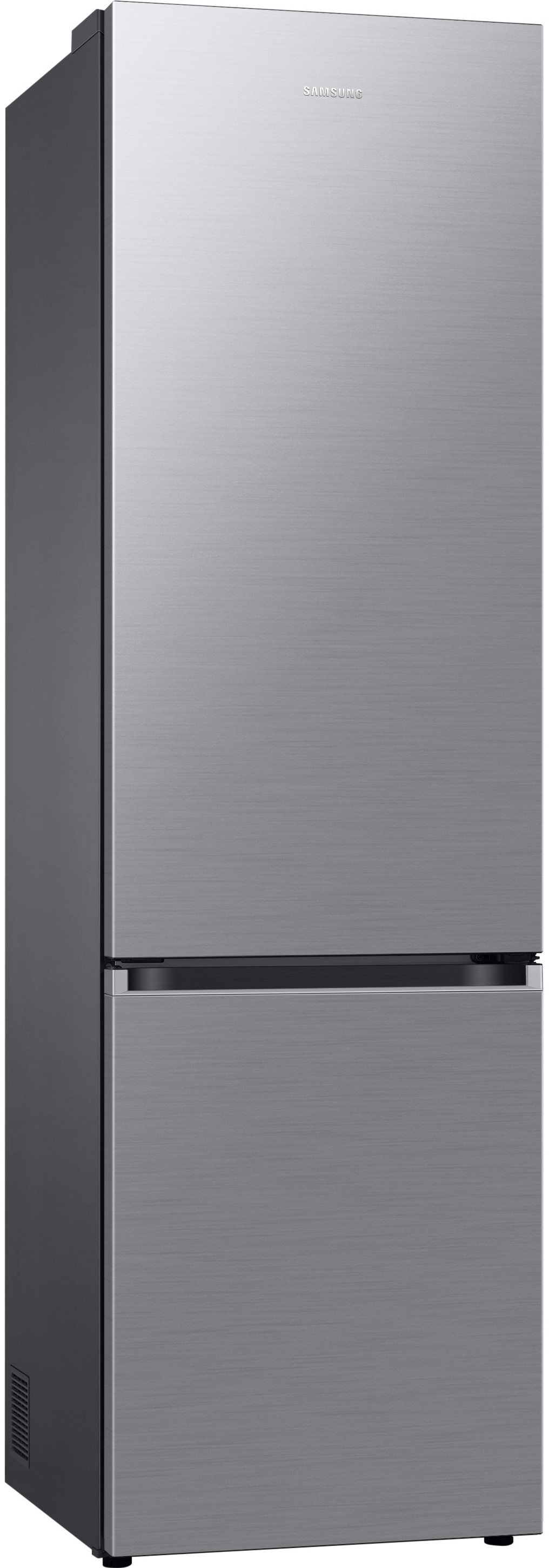 Ein silberner Samsung-Kühlschrank mit zwei Türen. Die obere Tür ist größer. Das Samsung-Logo befindet sich oben.