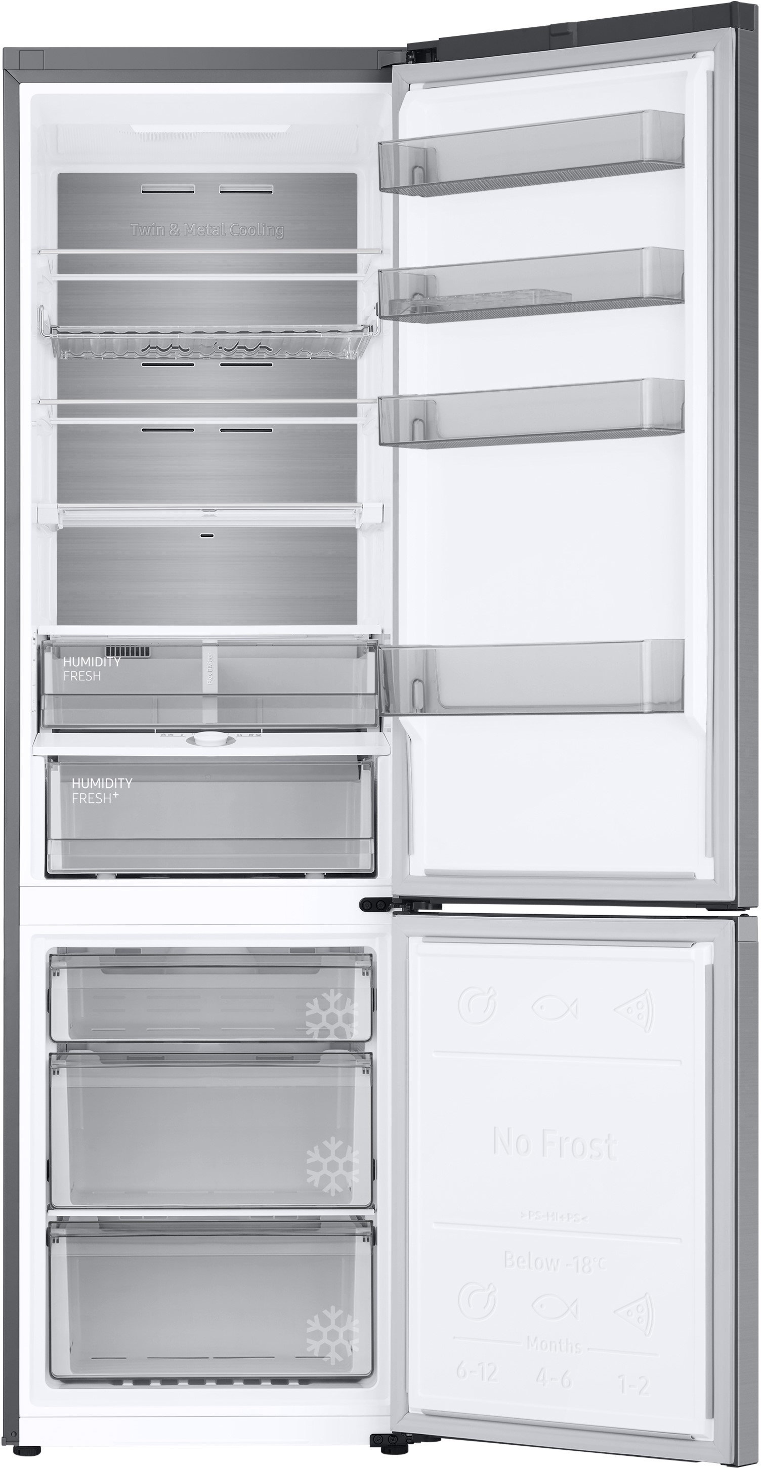 Offener Kühlschrank. Im Inneren befinden sich Regale, Schubladen und Fächer. Das Etikett Twin & Metal Cooling ist sichtbar.
