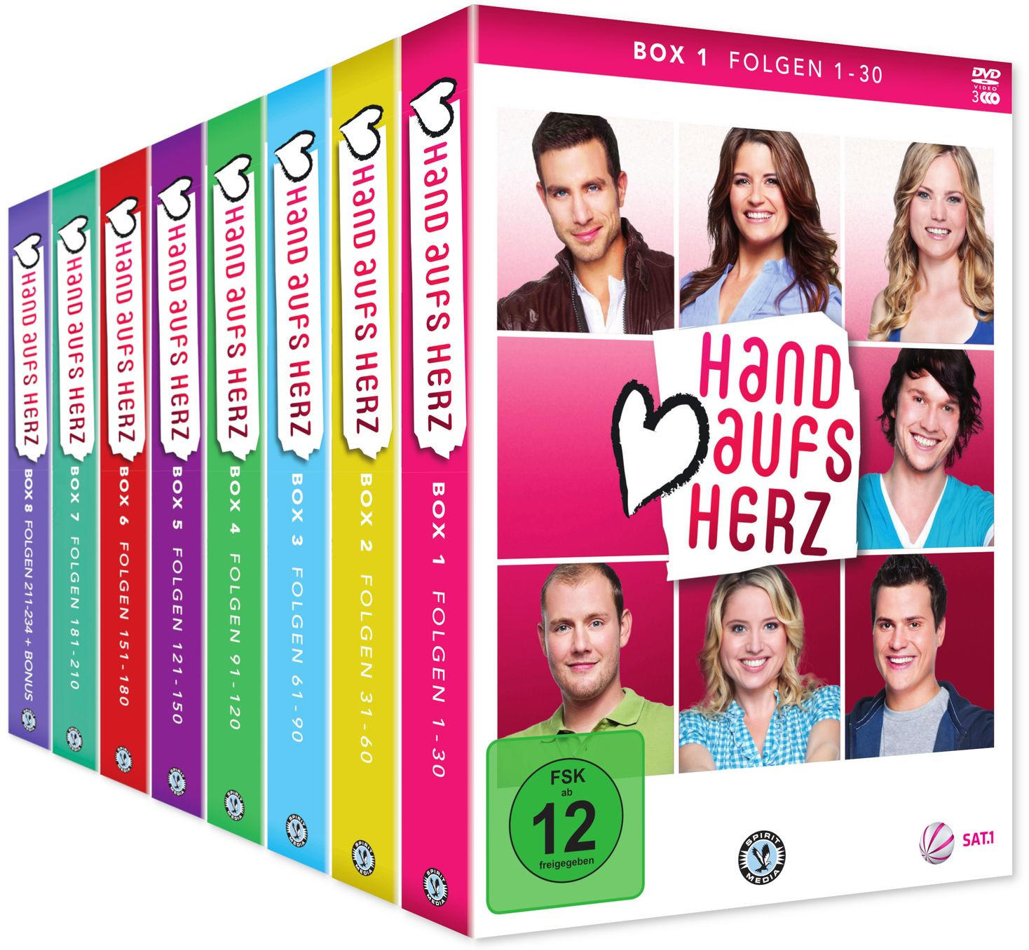 DVD-Box-Set von 'Hand aufs Herz'. Zeigt mehrere Boxen mit bunten Buchrücken. Gesichter von Schauspielern sind sichtbar.