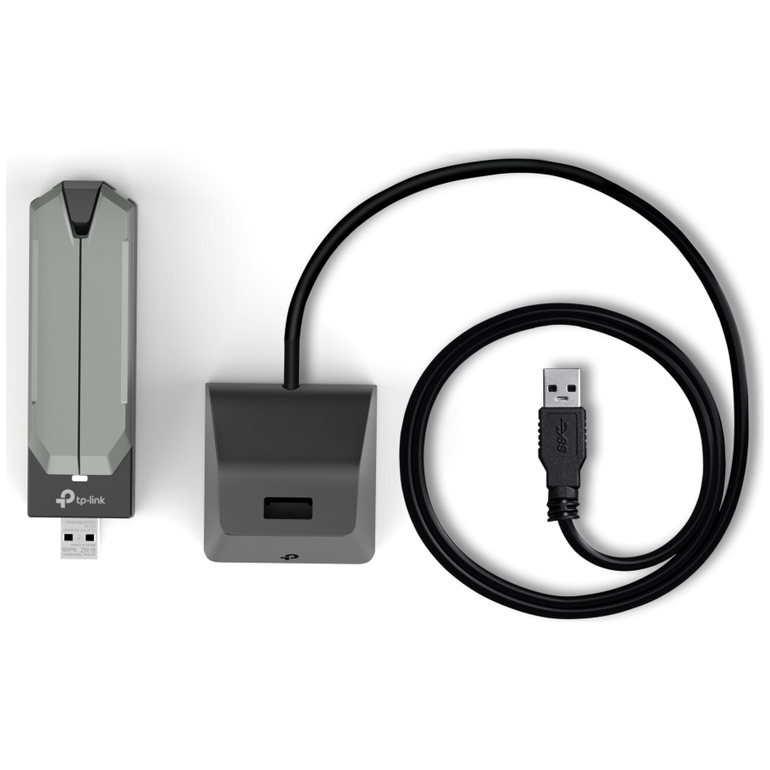 A gray and black TP-Link USB adapter with a USB cable. The adapter is on a white background.