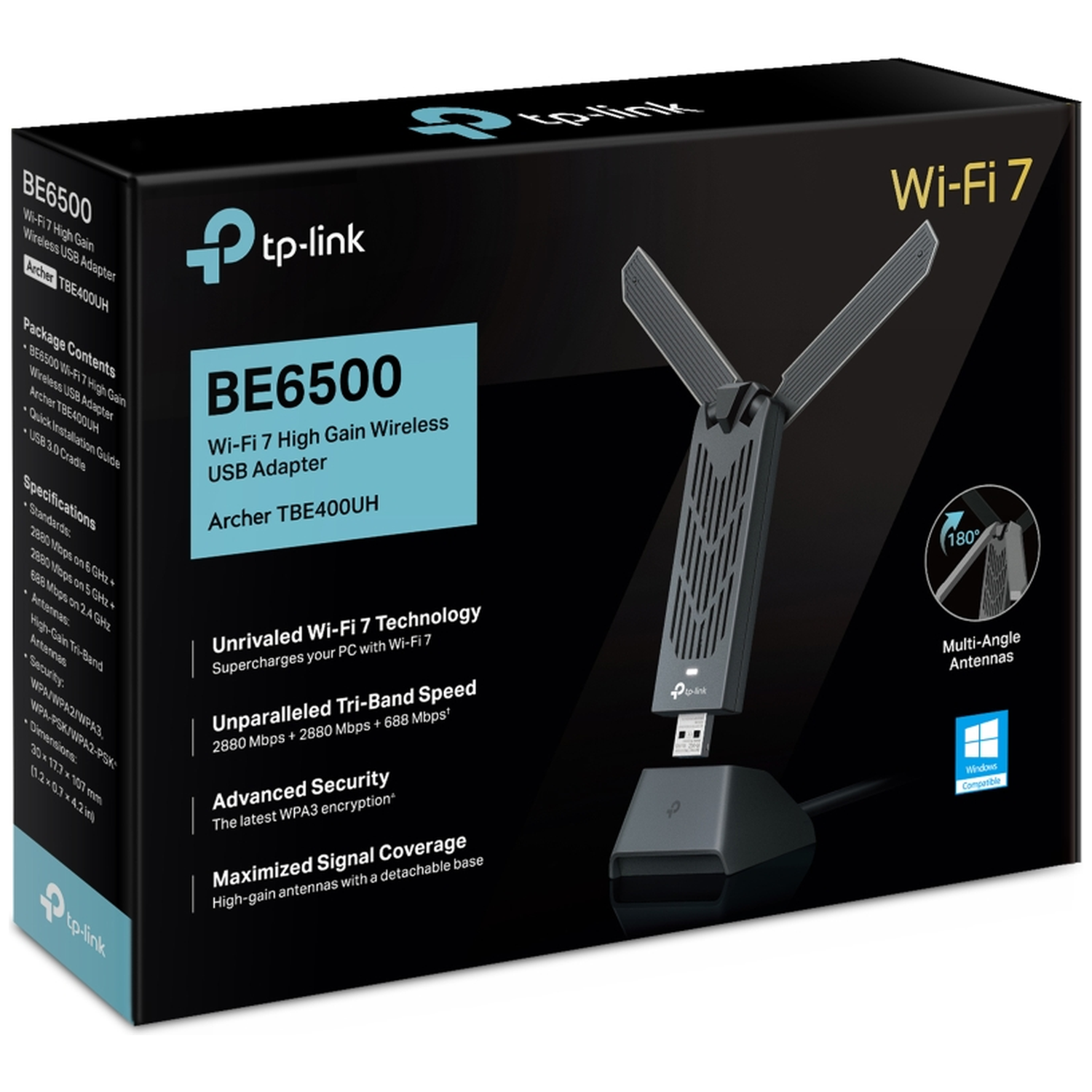 A black box of a TP-Link Wi-Fi 7 USB adapter. The adapter has antennas and a detachable base, Windows compatible.