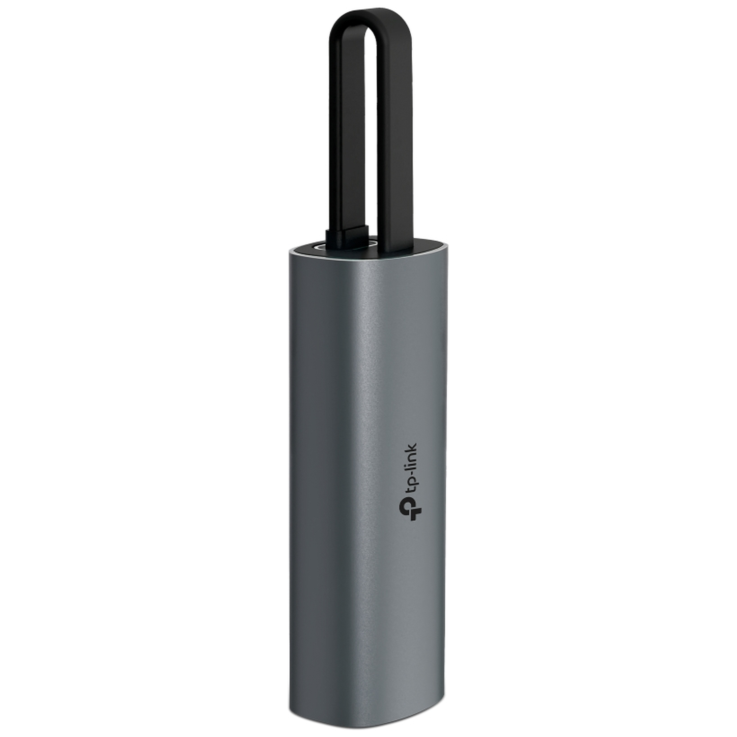 A gray cylindrical device with black antenna. The brand 'tp-link' is visible. The antenna forms a U-shape.