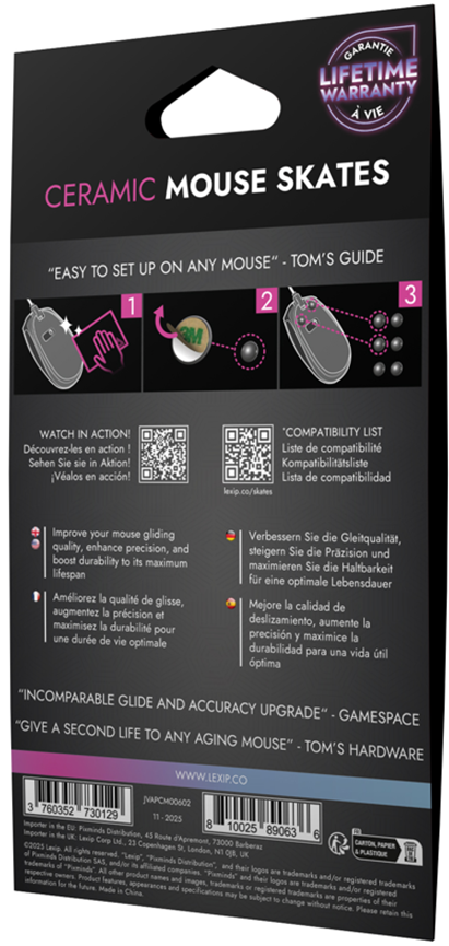 Czarne opakowanie produktu z instrukcjami dla ceramicznych ślizgaczy myszy, z ilustracją myszy i tekstem.