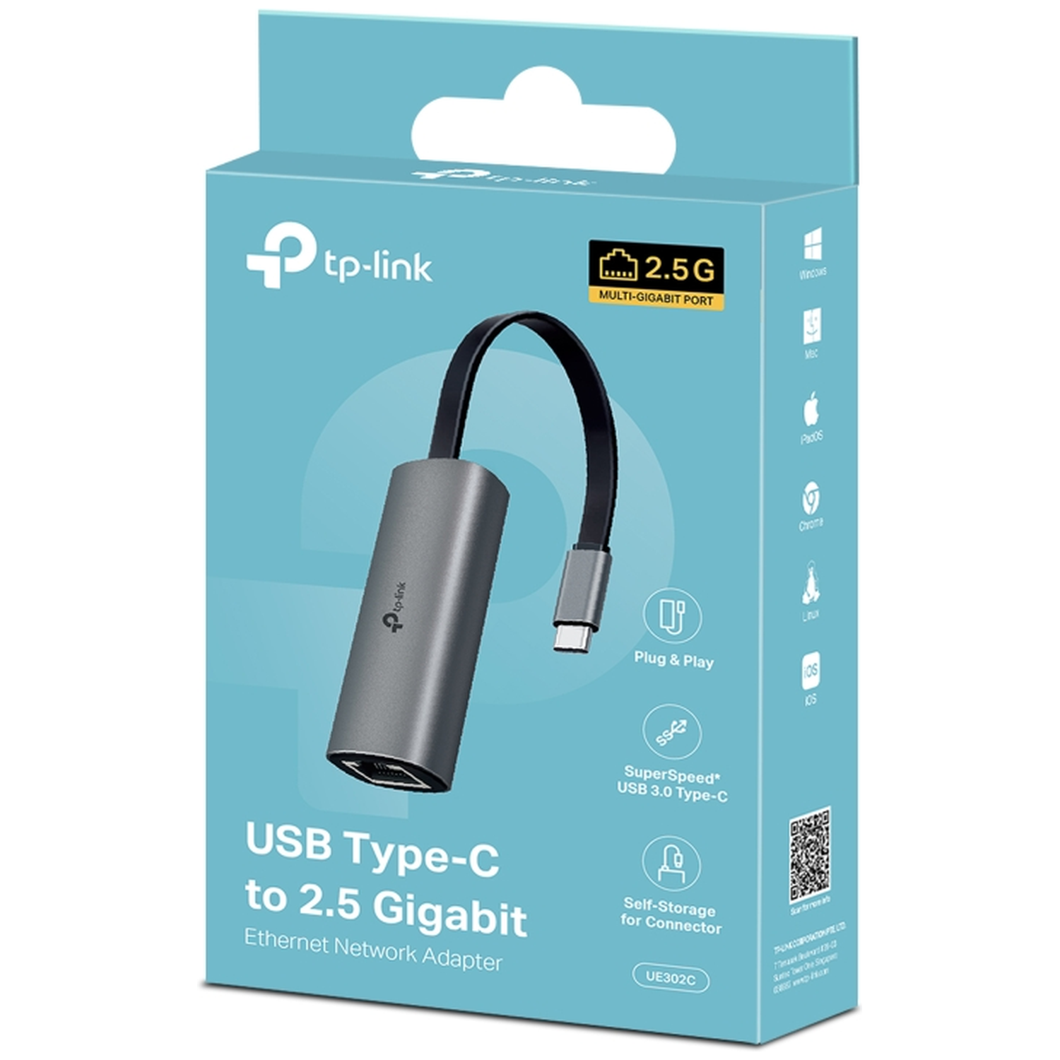 A TP-Link box shows a USB Type-C to 2.5 Gigabit Ethernet adapter. The box is light blue with a picture of the adapter.