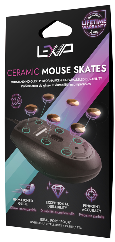 Opakowanie do ceramicznych ślizgaczy myszy. Czarne tło z myszą, ślizgaczami i tekstem w różnych kolorach. Zawiera informacje o gwarancji.