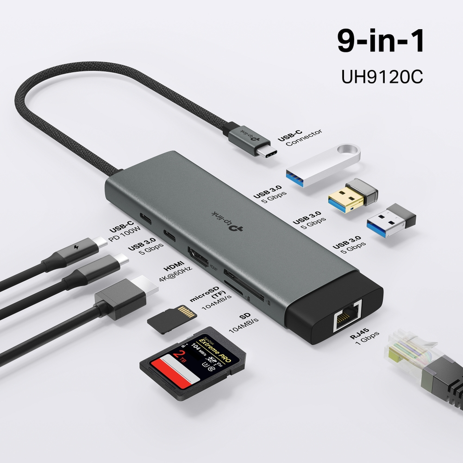 A 9-in-1 USB-C hub is displayed with various ports and accessories, including USB, HDMI, and SD card slots, and a network port.