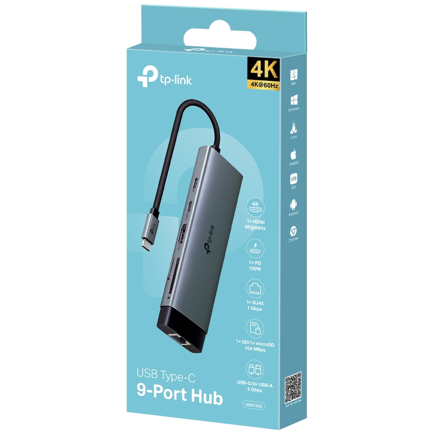 A TP-Link 9-port USB-C hub. The box is blue and white with a black USB cable attached to the hub.