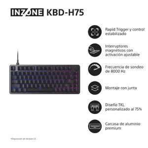 Teclado INZONE KBD-H75 negro con luces moradas y azules. Incluye gatillo rápido, interruptores magnéticos y aluminio premium.