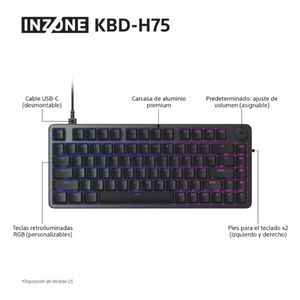 Teclado negro INZONE KBD-H75 con retroiluminación RGB, cable USB-C y carcasa de aluminio. Etiquetado con texto en español.