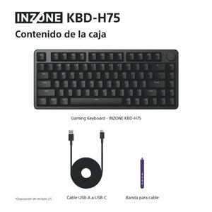 Teclado gaming negro, cable USB-A a USB-C, brida para cable, todo sobre fondo blanco, foto de producto.