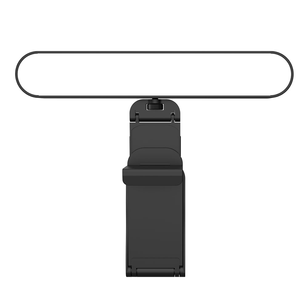 Ein schwarzer Telefonhalter mit einem langen, dünnen, gebogenen Stab oben. Der Halter ist rechteckig und hat einen Clip.