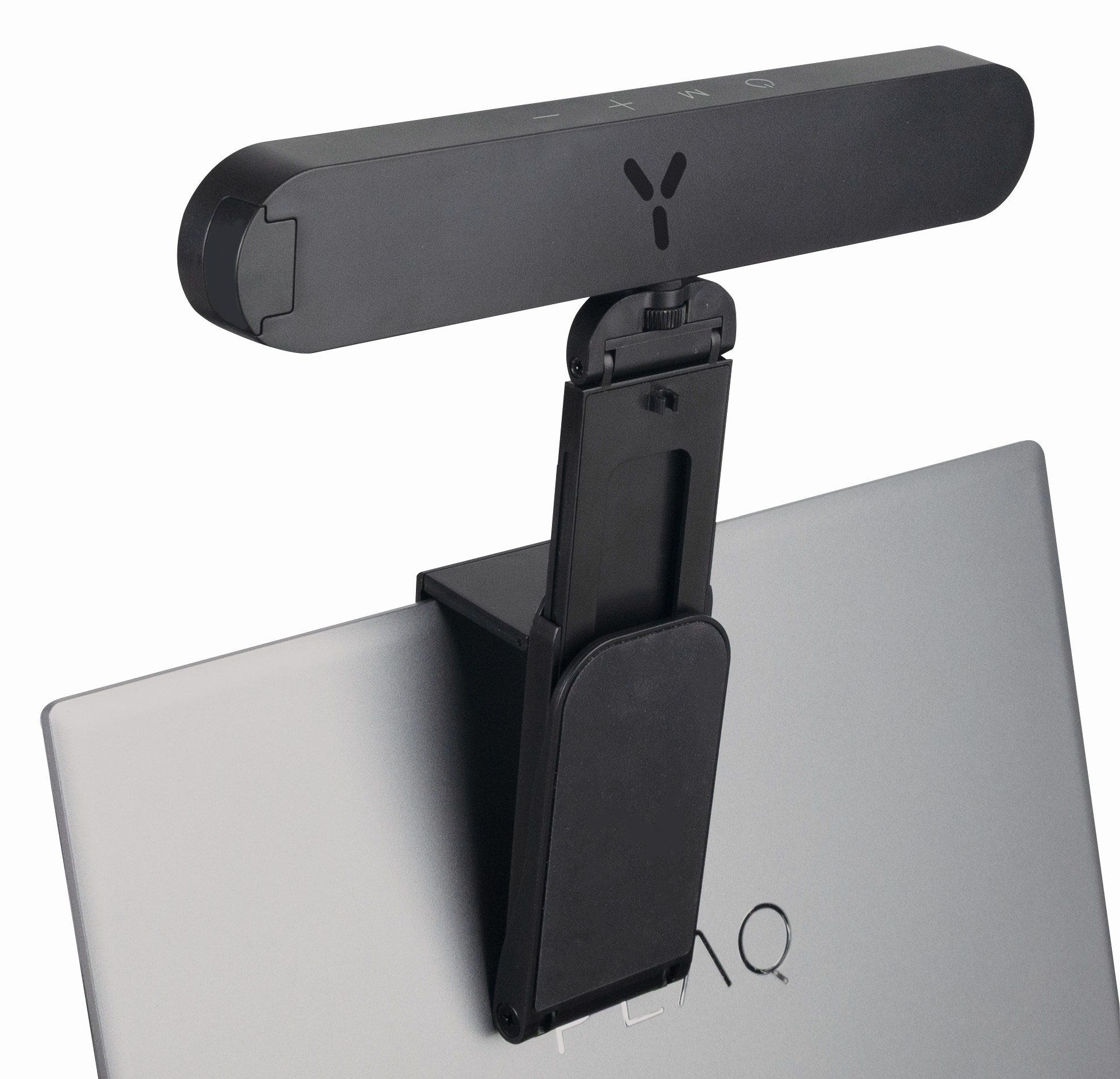 Eine schwarze Laptop-Leuchte ist an einem Laptop befestigt. Der Lichtbalken hat Steuertasten und ein Logo, und der Laptop ist silberfarben.