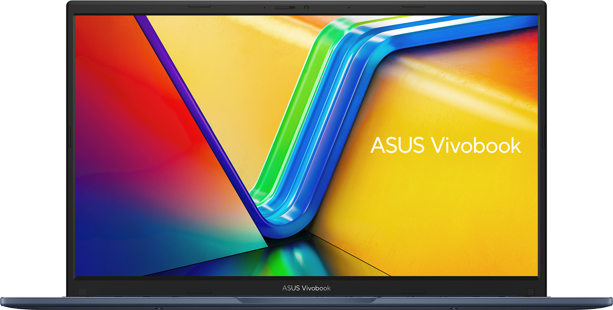 Ordinateur portable ASUS Vivobook. L'écran affiche un design abstrait coloré : vagues rouges, oranges, jaunes, vertes et bleues. Cadre bleu foncé.