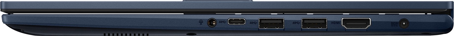 Vue latérale d'un ordinateur portable bleu. Les ports incluent DC-in, HDMI, USB et audio. L'ordinateur est fermé.