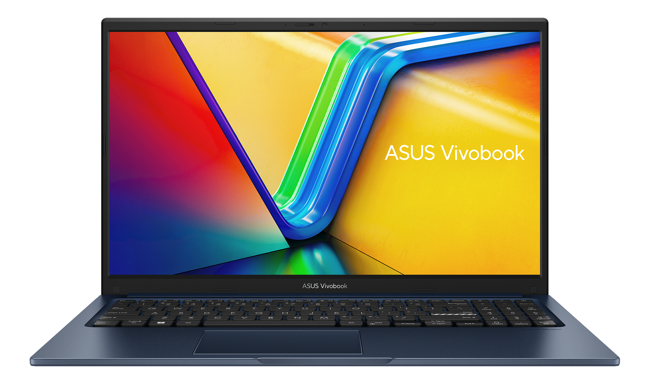 Blauer ASUS Vivobook Laptop auf schwarzem Hintergrund. Bildschirm zeigt farbenfrohes, abstraktes Design. Tastatur sichtbar, ASUS-Logo auf dem Bildschirm.