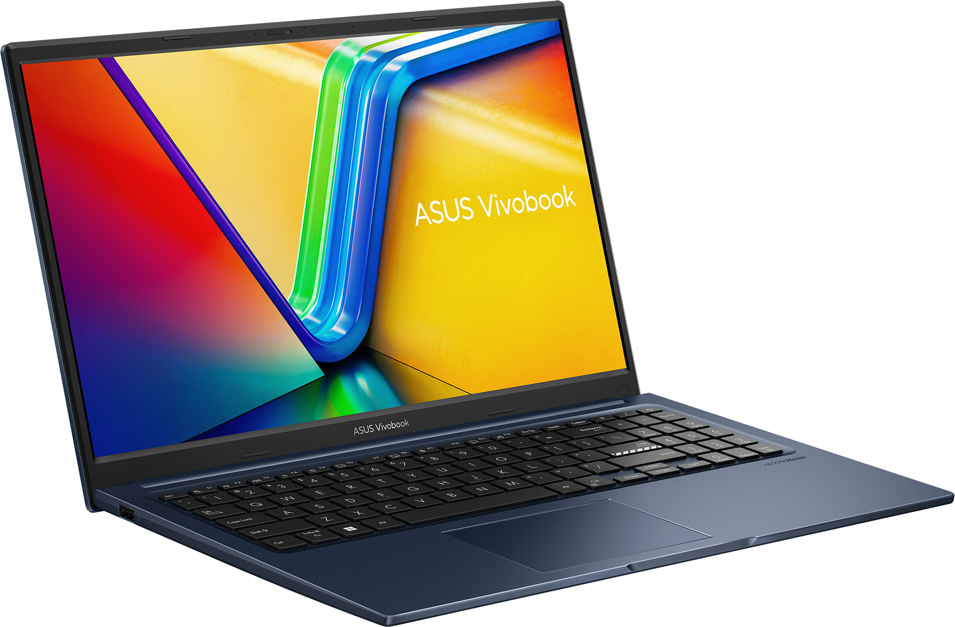 Blauer Laptop auf weißem Grund. Bildschirm zeigt ASUS Vivobook Logo mit farbenfrohem Design. Tastatur sichtbar.