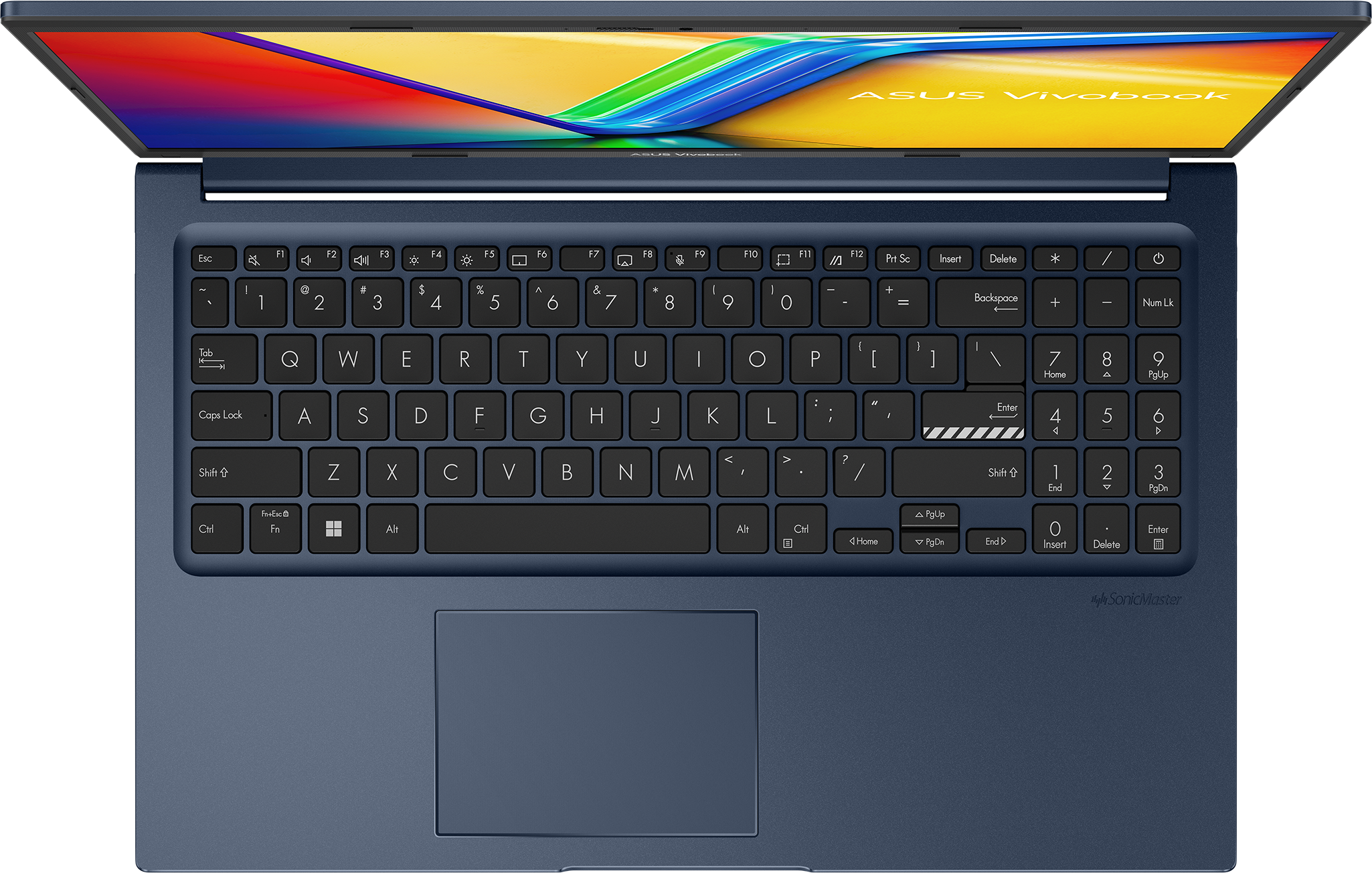 Draufsicht auf einen dunkelblauen Laptop mit offenem Bildschirm. Tastatur mit weißen Buchstaben, bunter Bildschirm.