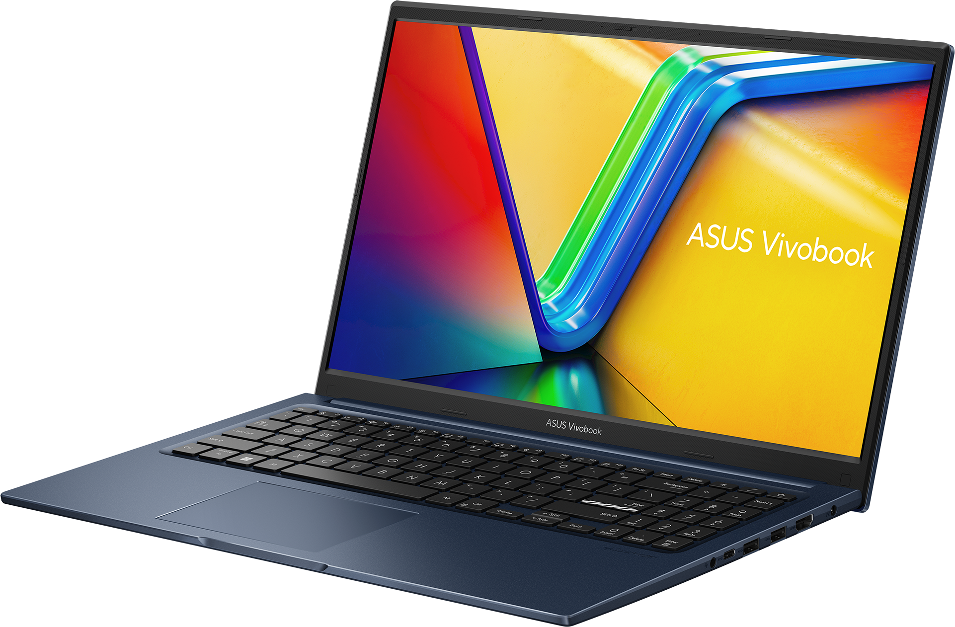 Blauer ASUS Vivobook Laptop, geöffnet, auf einem Farbverlaufshintergrund. Bildschirm zeigt farbenfrohes abstraktes Design.