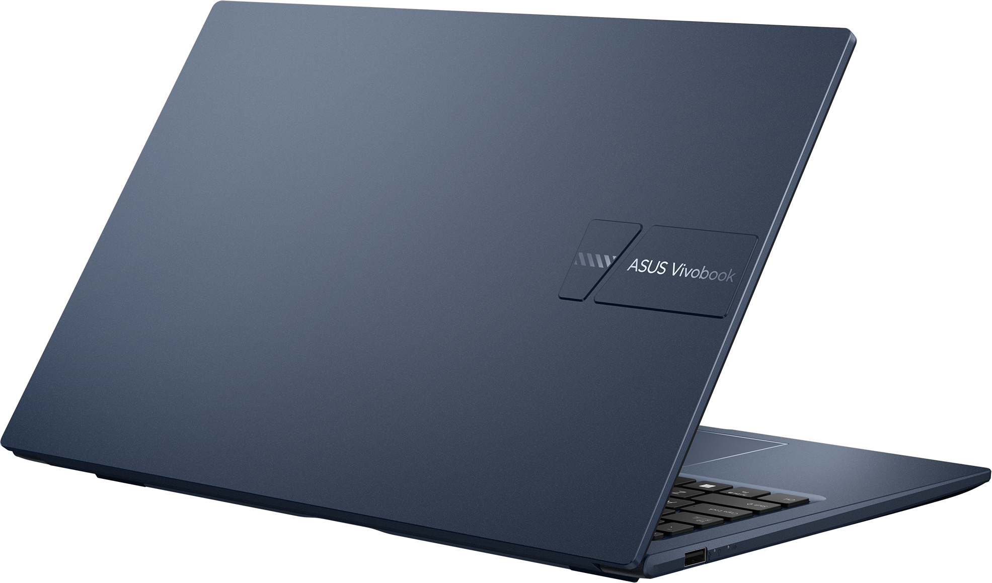 Ein dunkelblaues ASUS Vivobook-Laptop ist leicht geöffnet. Die Tastatur ist sichtbar. Das Logo befindet sich auf dem Deckel.