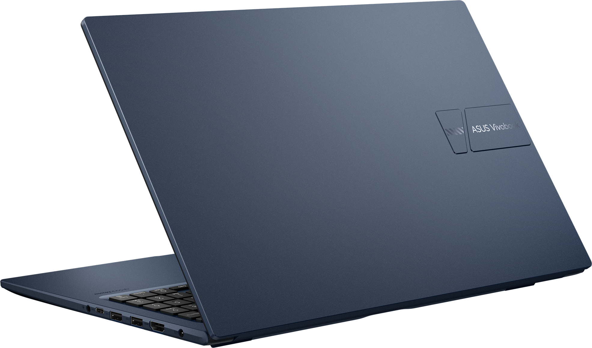 Blauer ASUS Vivobook Laptop, in einem Winkel geöffnet. Tastatur sichtbar. ASUS-Logo auf dem Deckel.