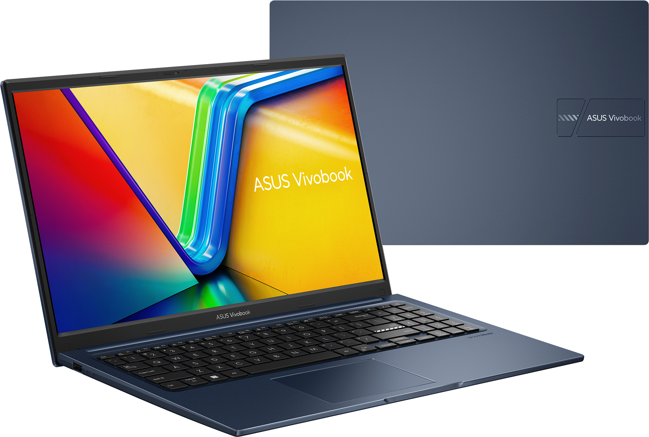 Blauer ASUS Vivobook Laptop. Der Bildschirm zeigt eine farbenfrohe Grafik. Tastatur und Touchpad sichtbar. Ein weiterer Laptop ist rechts, Deckel geschlossen.