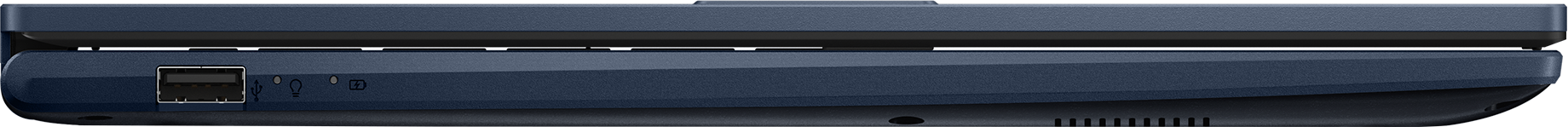 Seitenansicht eines blauen Laptops. Sichtbar sind ein USB-Anschluss, Betriebsanzeigeleuchten und die Kante des Laptops.