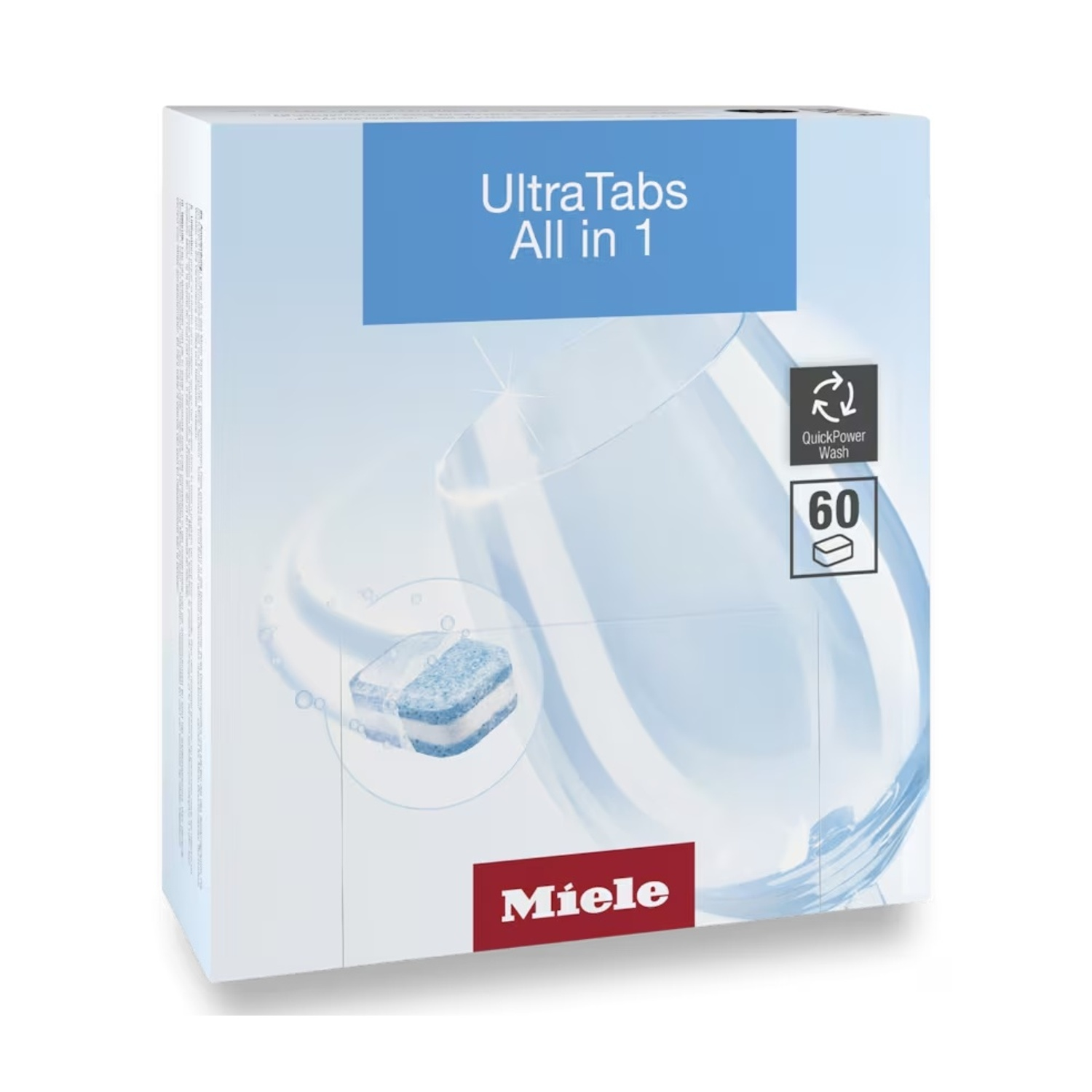 Scatola di pastiglie per lavastoviglie Miele UltraTabs All in 1. Contiene 60 pastiglie. Con QuickPower Wash. Scatola bianca con dettagli blu.