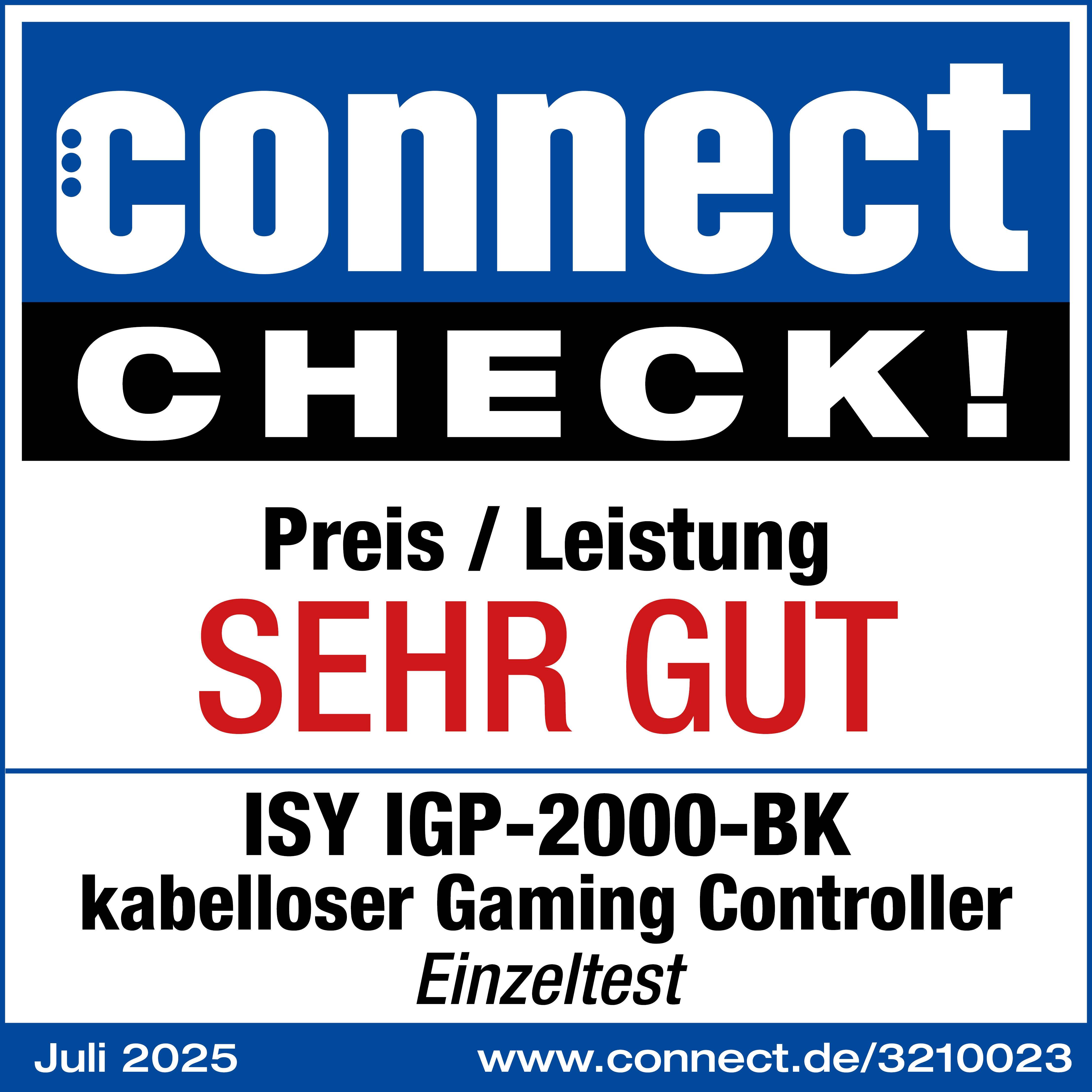 Bild mit Text 'connect CHECK!', 'SEHR GUT' und Details zum ISY IGP-2000-BK Gaming-Controller-Test von Juli 2025.