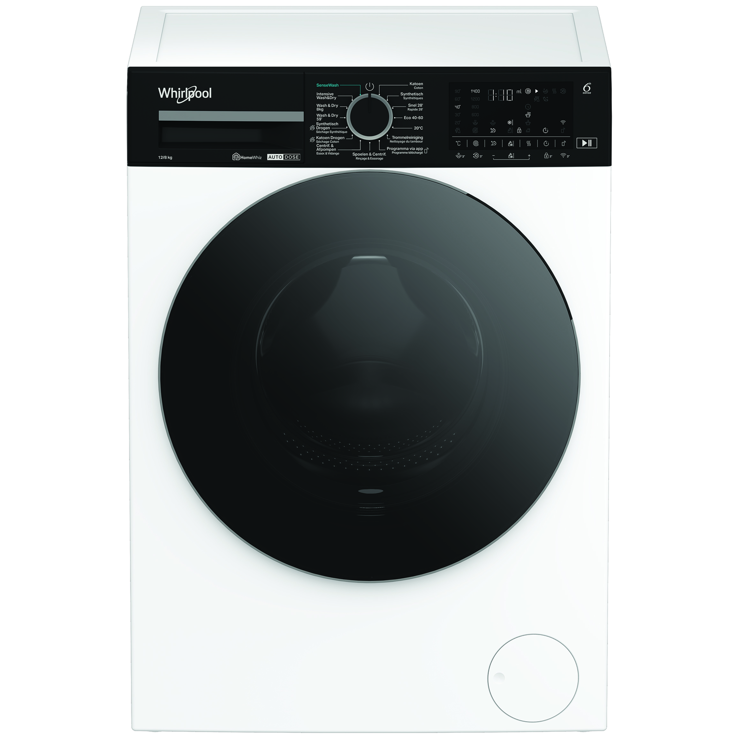 A white Whirlpool washing machine. It has a black door, control panel with buttons, and a dial for program selection.
